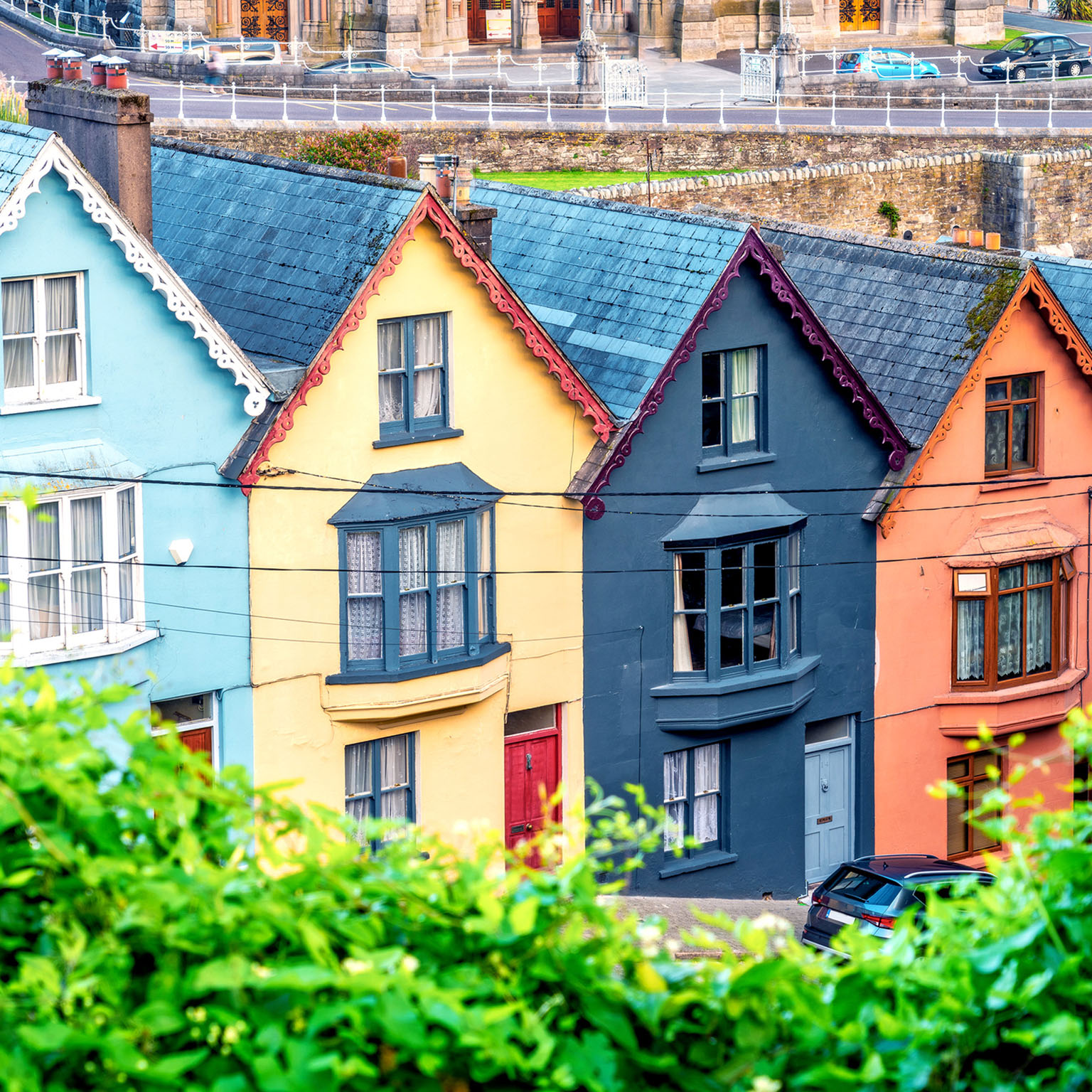 A row of colorful houses