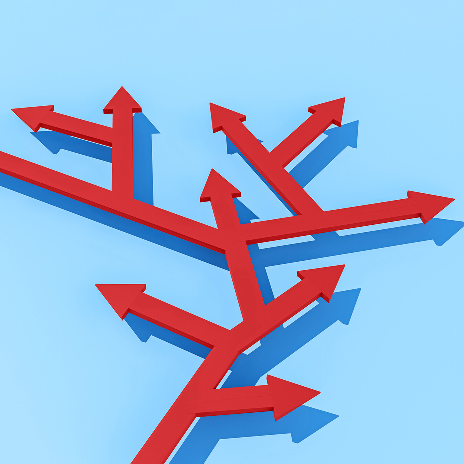 Computer generated image of red arrows pointing in different directions.