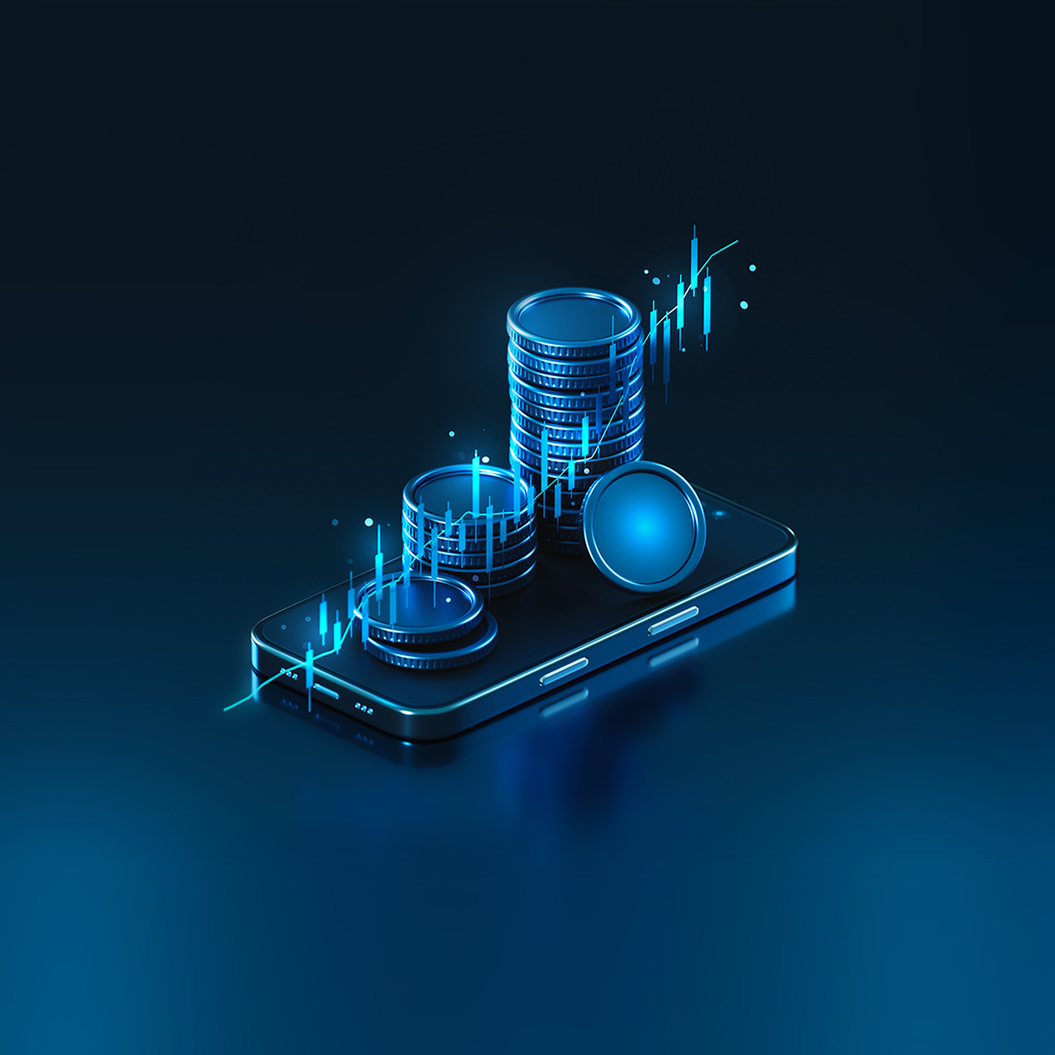 This image depicts a conceptual illustration of digital assets and mobile banking, featuring glowing 3D coins stacked on a smartphone screen.