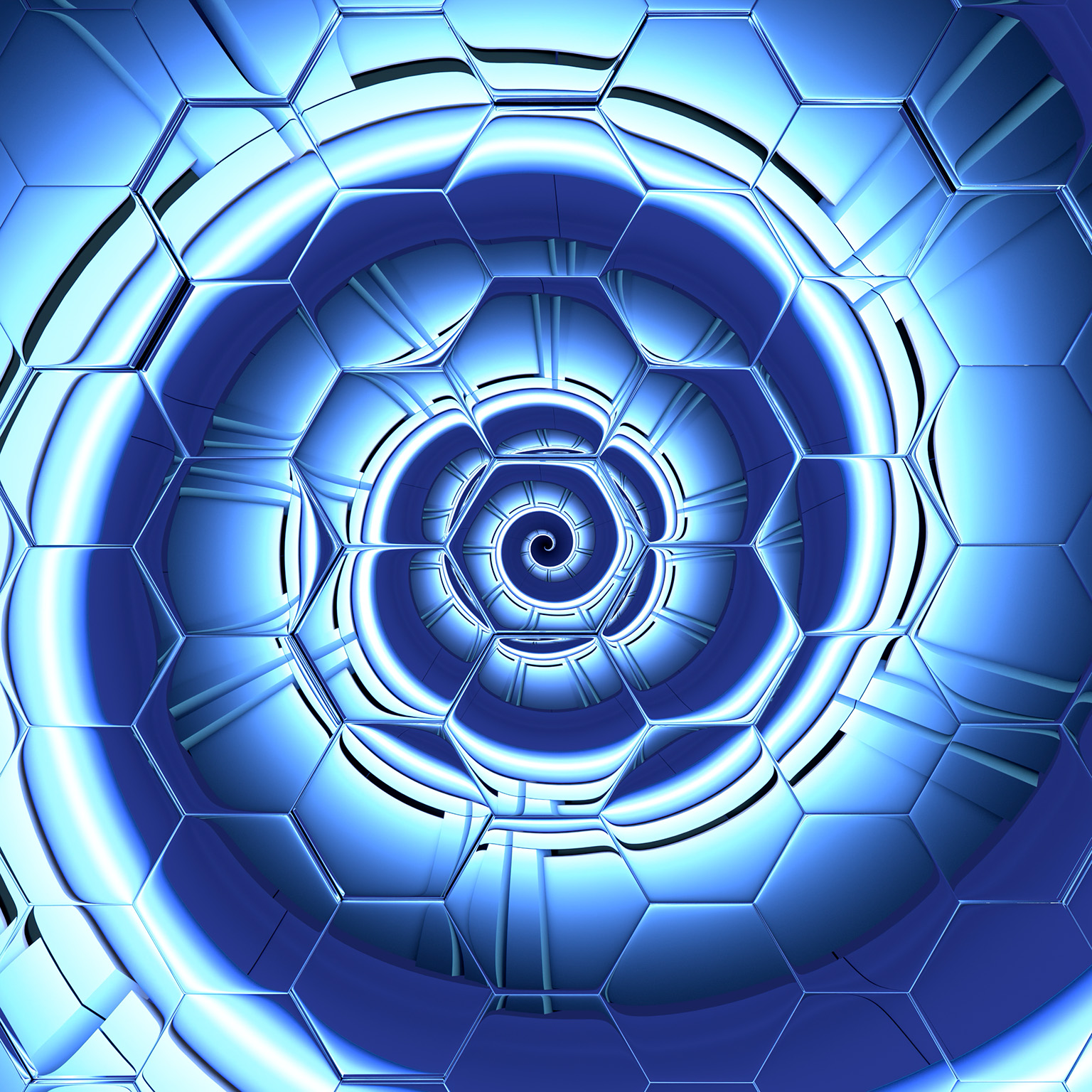 Animation of a spiral slowing spinning behind hex-patterned glass.