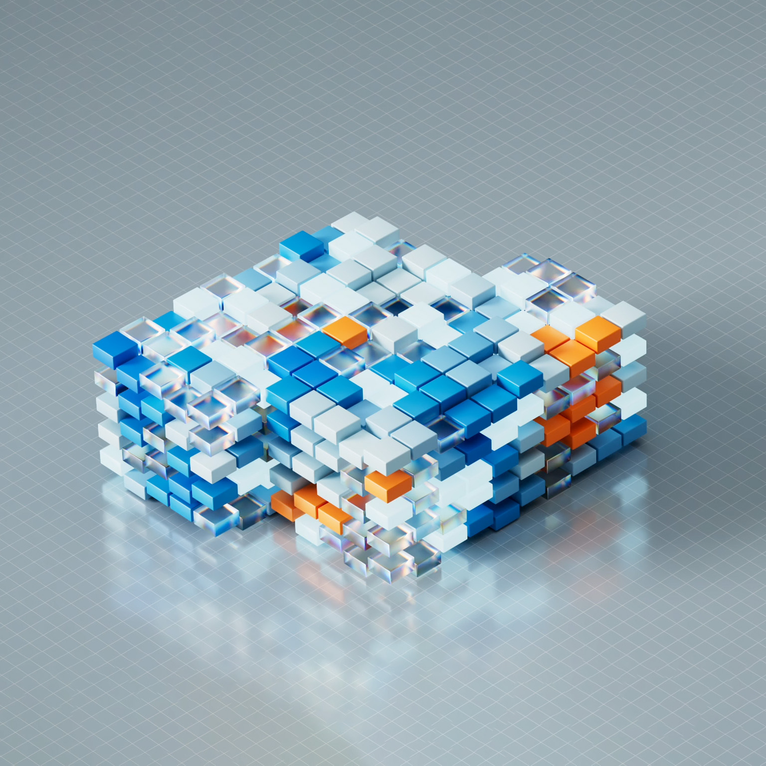 Colorful flat-shaped cubes in shades of blue and orange, shuffling around in a hurried manner to create various shapes and color patterns.