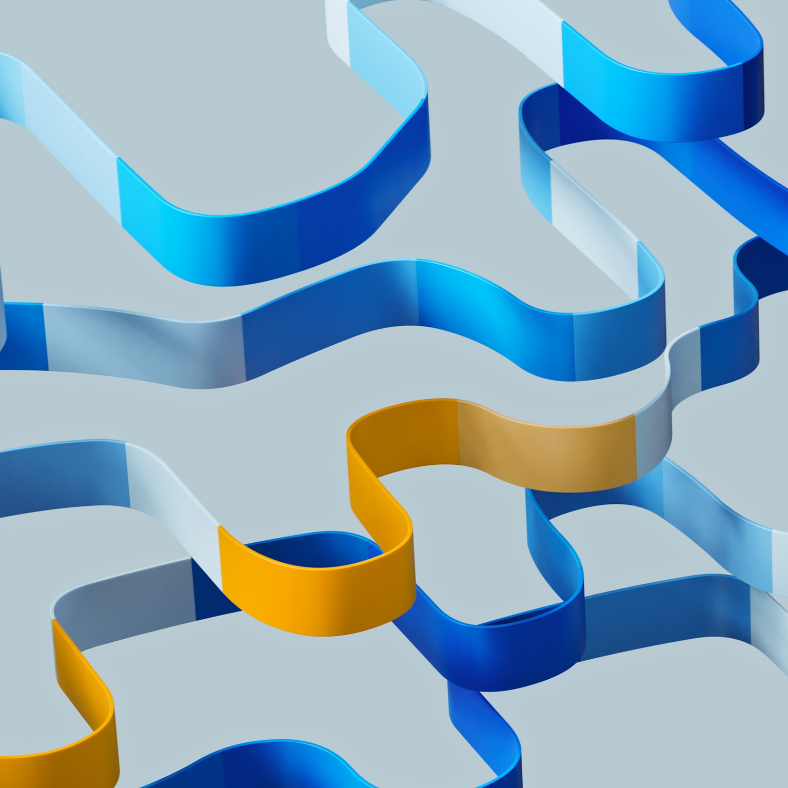 Five rows of flat squares in shades of blue and orange, come together to form long, flowing, ribbon-like formations.