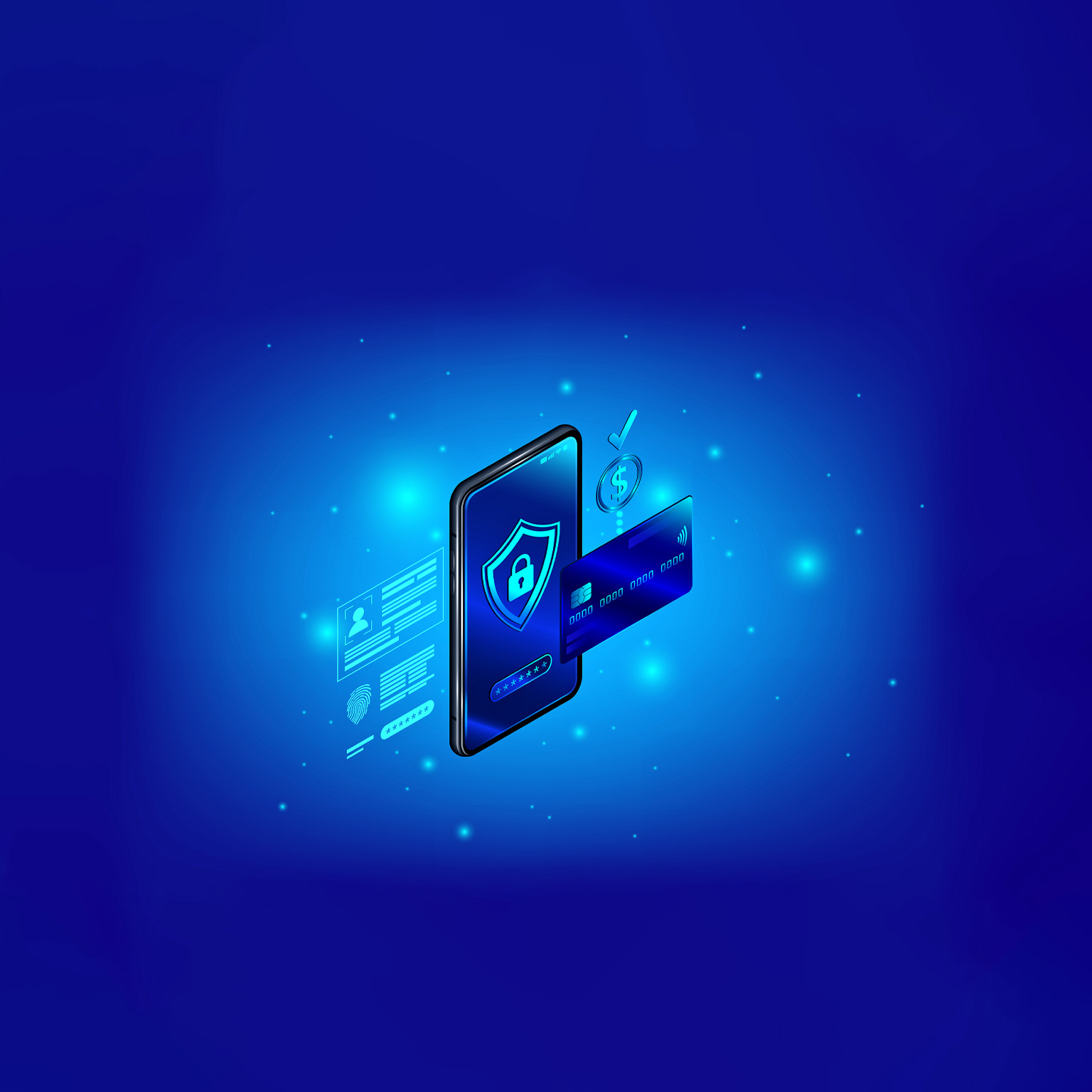 A blue-lit digital illustration showing a smartphone with a shield icon on its screen. Next to the phone is a credit card, a dollar sign, and other symbols suggesting secure payment systems.