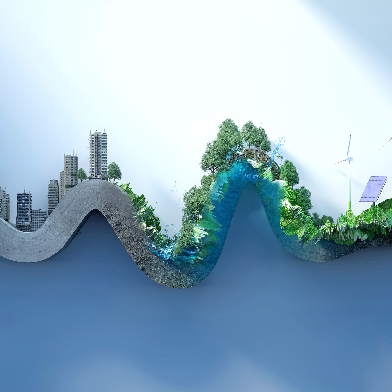 Digital generated image of abstract curve chart made out of concrete old city transforming into green fresh environment with alternative energy on white background