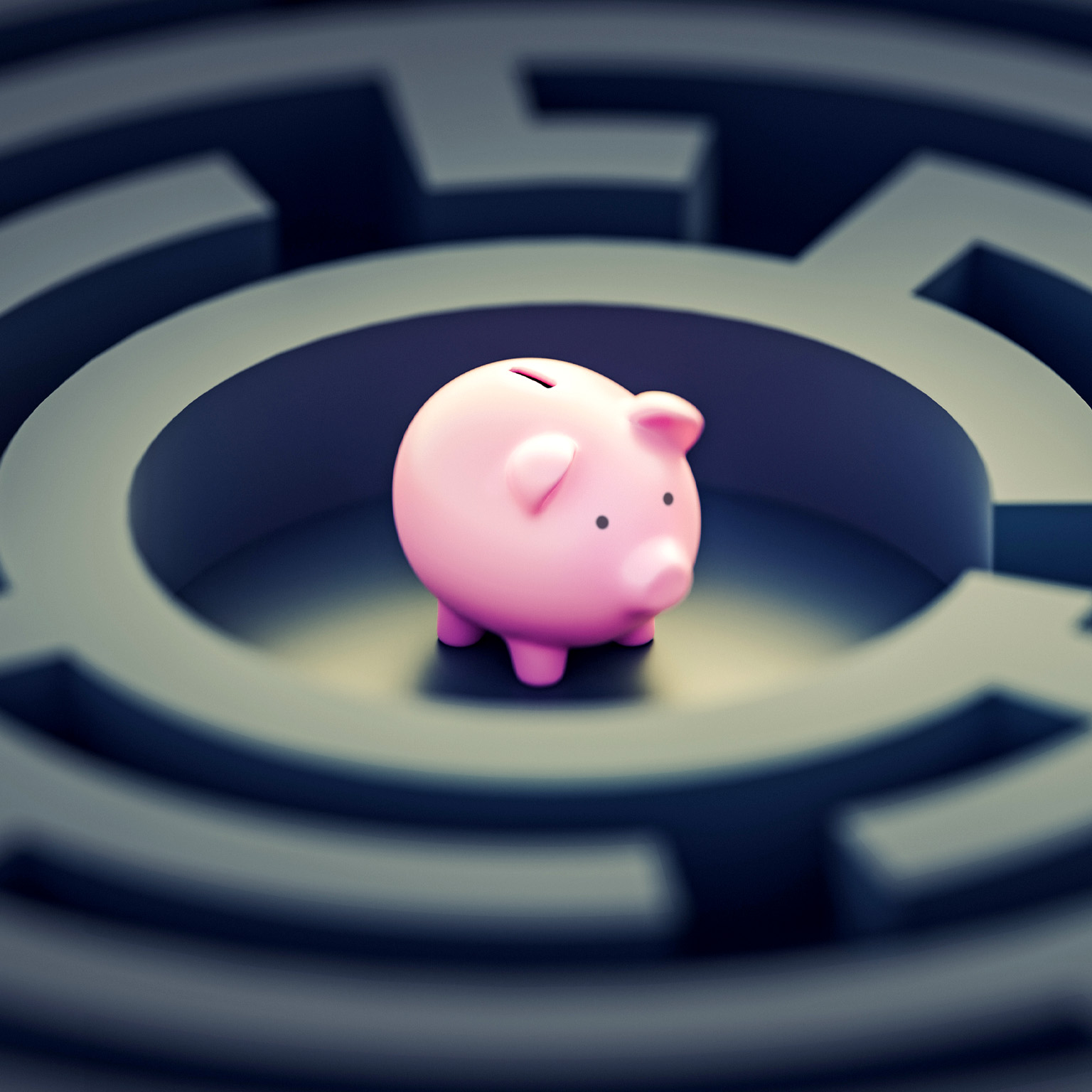 A pink piggy bank at the center of a gloomy gray maze.