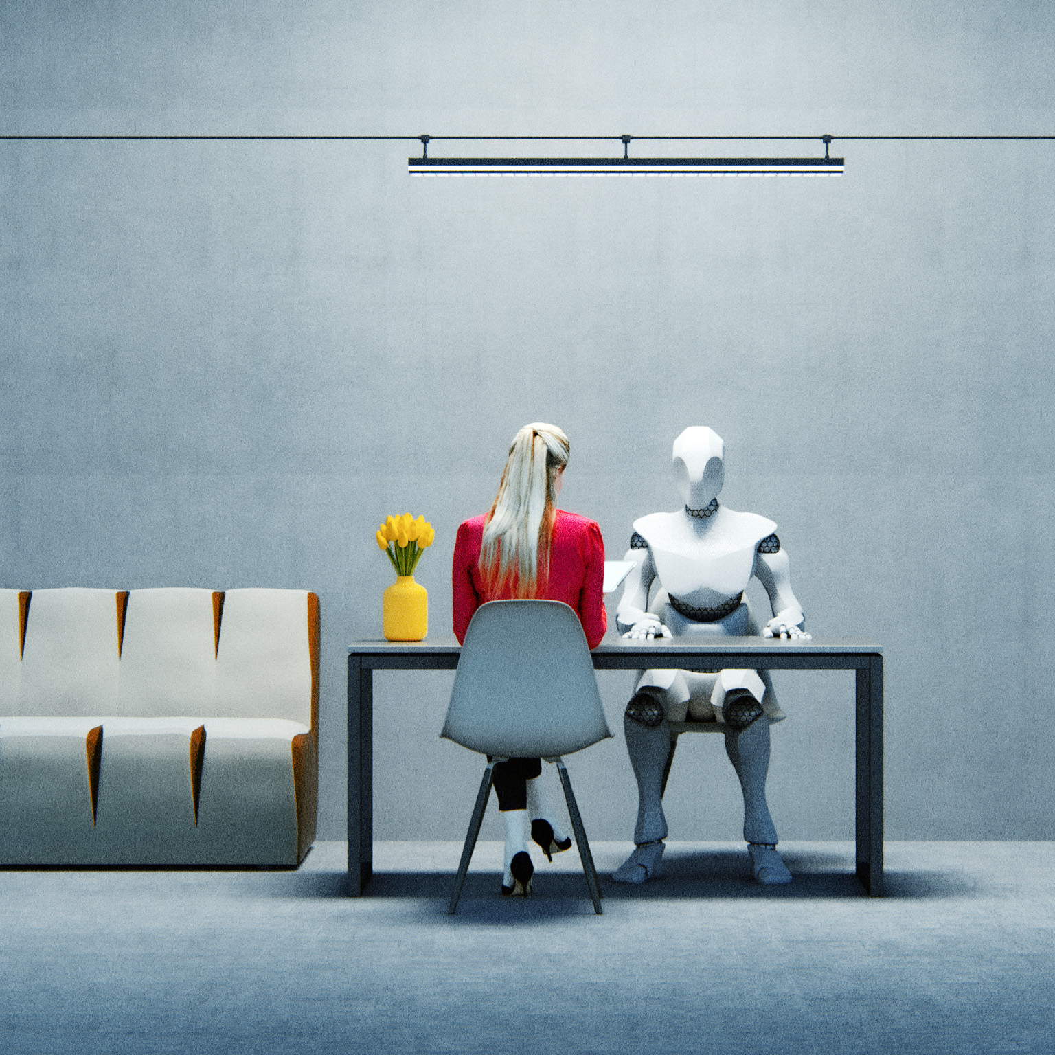 A woman in a red jacket sitting at a table across from a humanoid robot in a sparsely decorated office space.