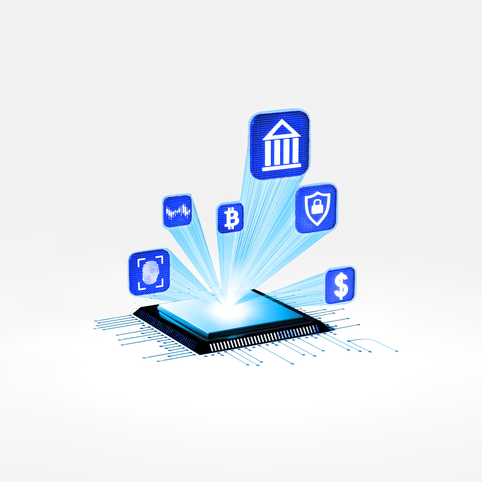 A glowing microchip sits at the center, emitting beams of light that project floating blue icons including a bank, bitcoin, fingerprint, shield, and dollar symbol. The scene has a futuristic, minimal aesthetic with a soft gray background and clean digital styling.