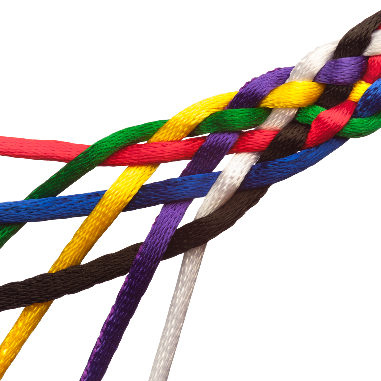 Colorful strings braided together symbolizing people joining together to form a tightly knit group or institution greater than the sum of its parts. - stock photo