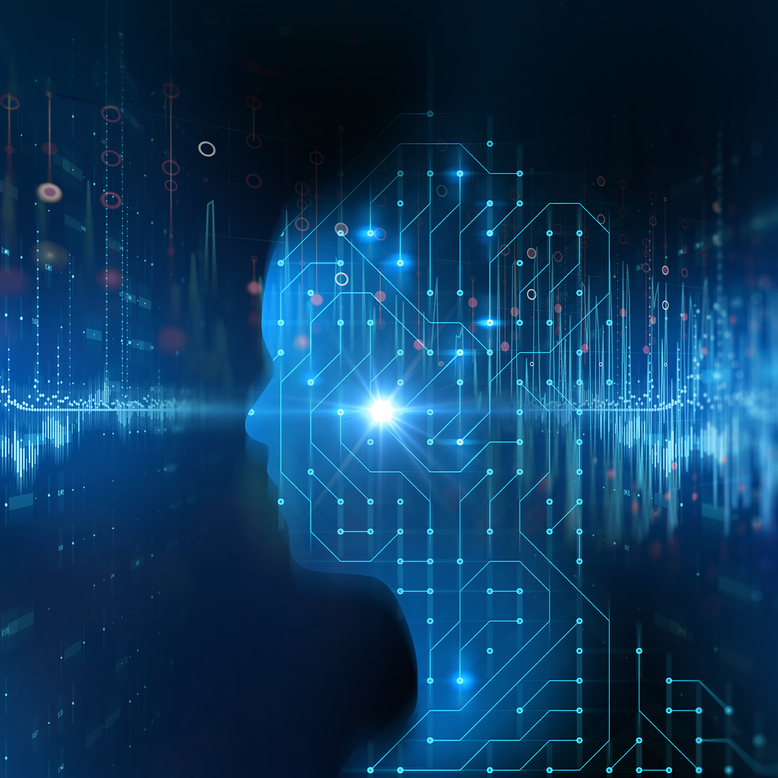 Silhouette of virtual human on circuit pattern technology 3d illustration