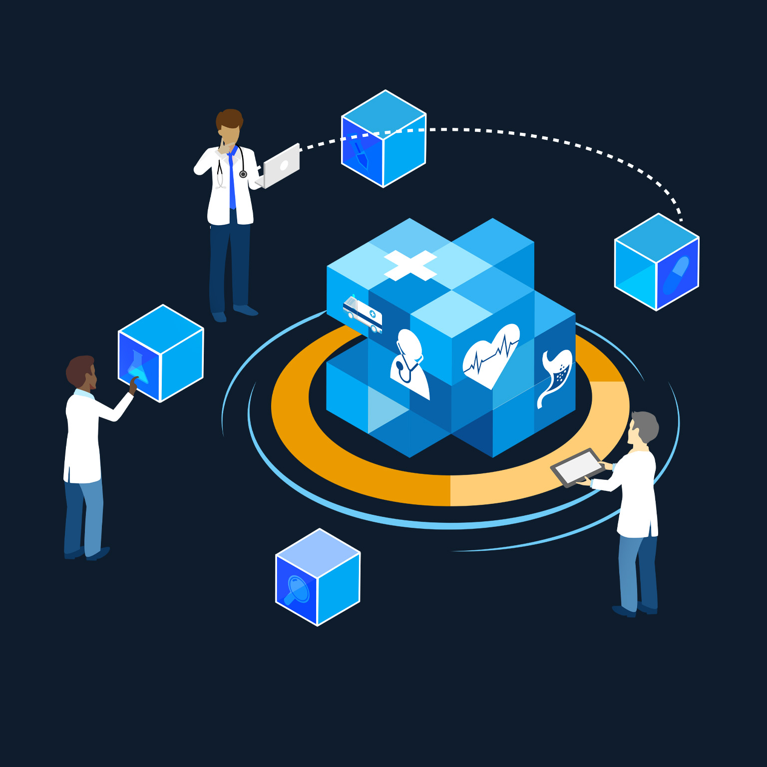 Doctor team with 3D block chain network technology research and diagnosis patient illness