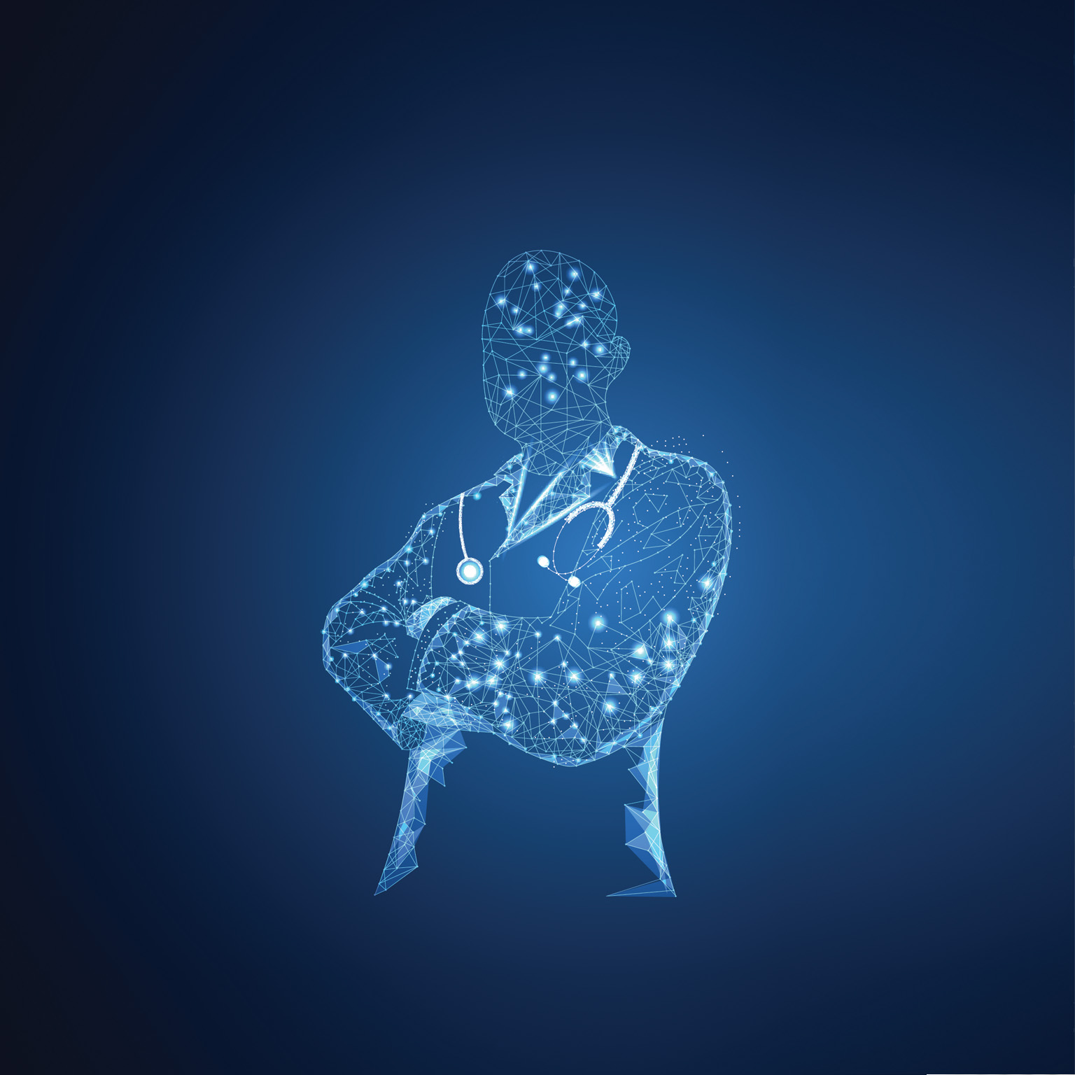 A digital wireframe of a doctor against a dark blue background