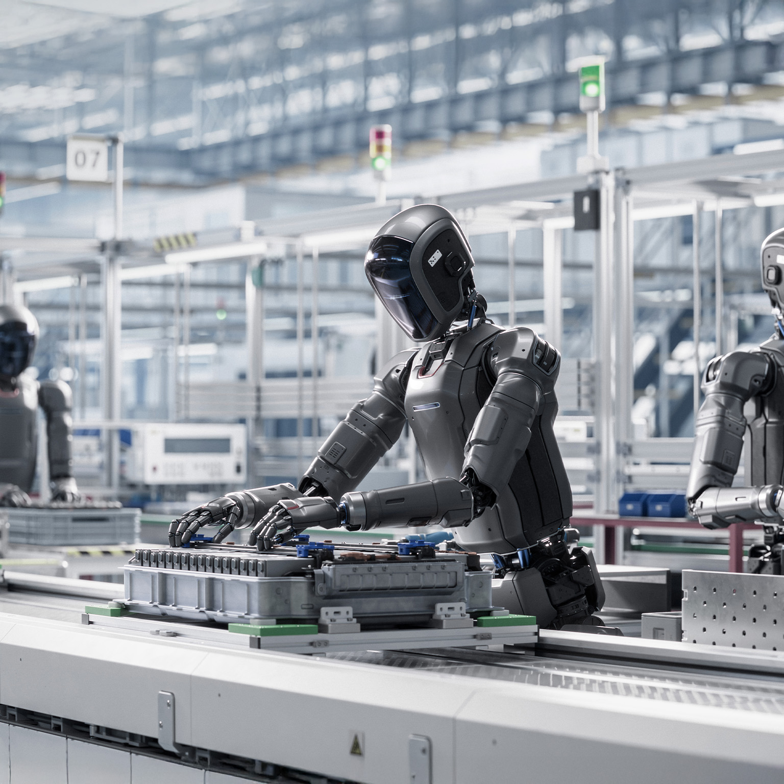 Autonomous AI Powered Humanoid Robot Work at Factory on Assembly Line.