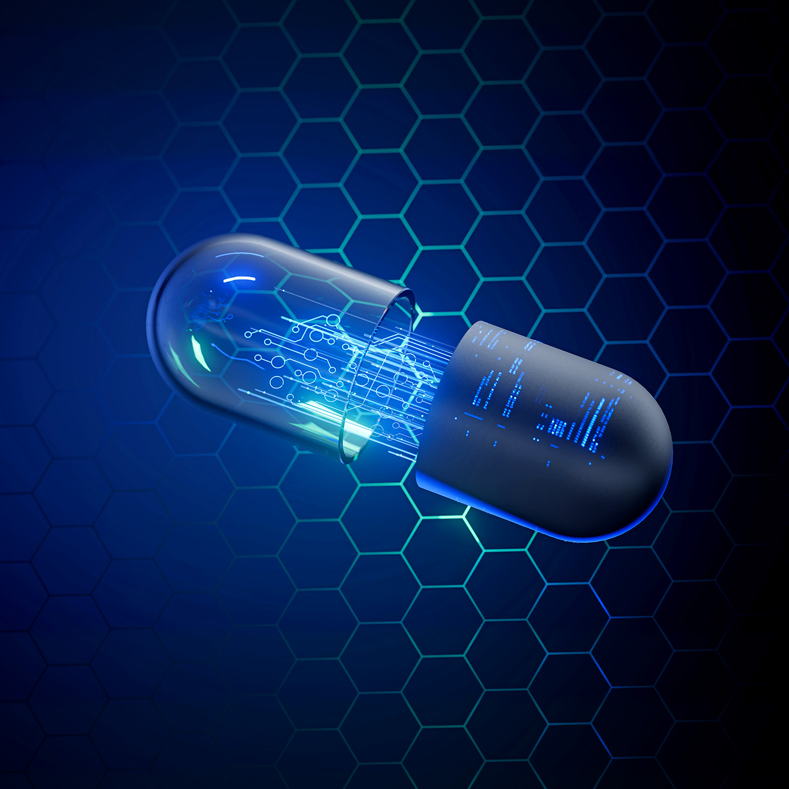 3D conceptual image of a clear capsule casing with a lit up digital circuit board inside of it.