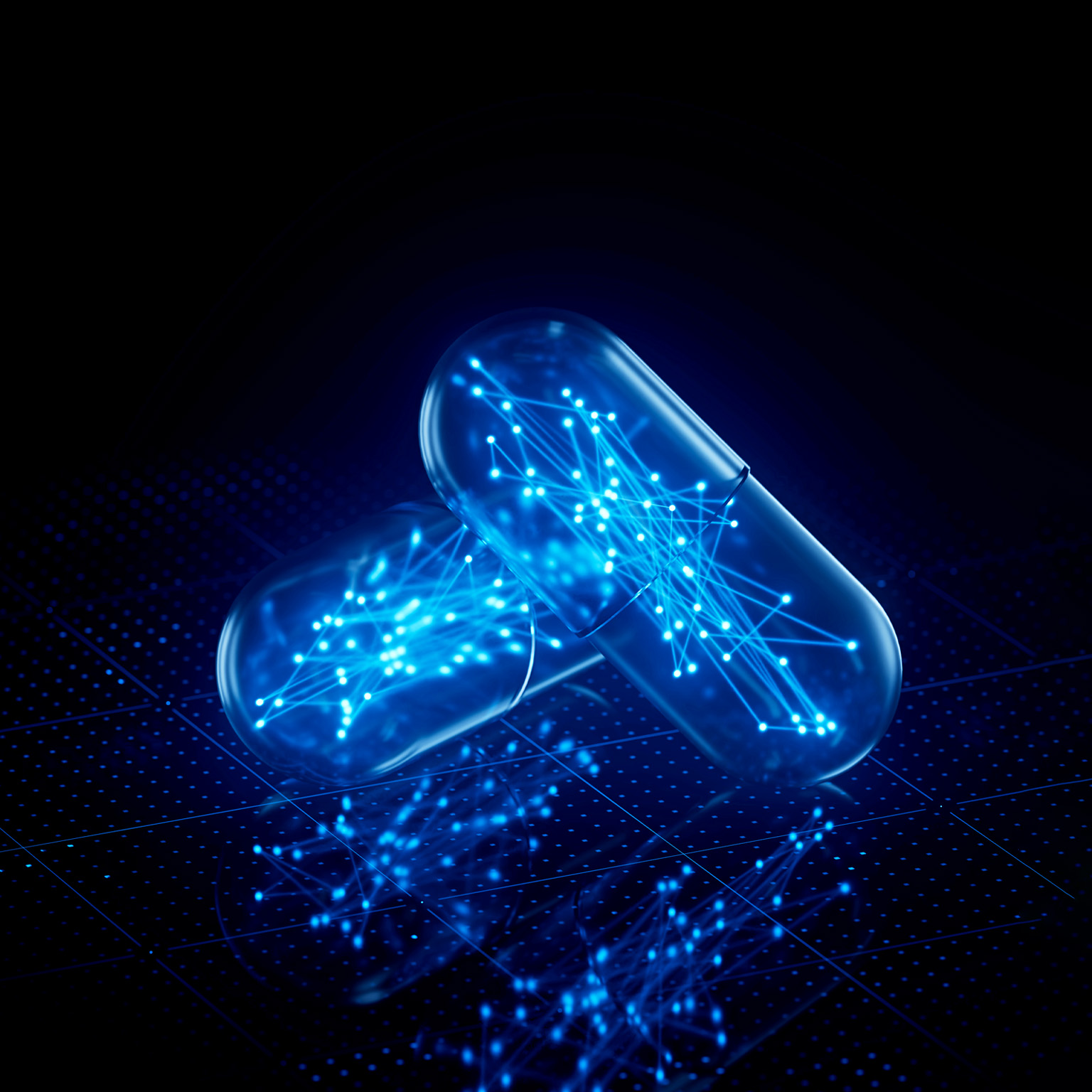 Two transparent pill capsules filled with a glowing blue network of interconnected nodes. They rest on a dark surface with a grid pattern, enhancing the high-tech feel.
