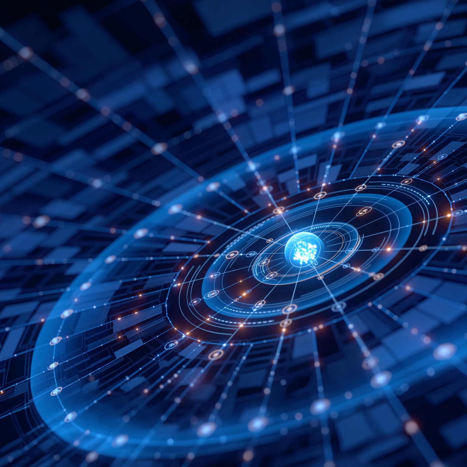 A vibrant blue abstract background features a glowing central sphere with connecting lines and circular patterns 