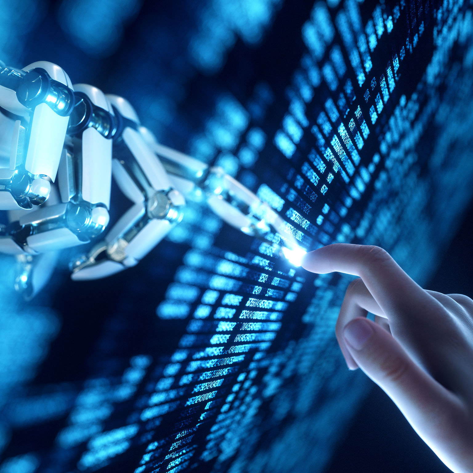 Digital generated image of robot's hand touching human's hand through transparent digital panel with numbers on black background