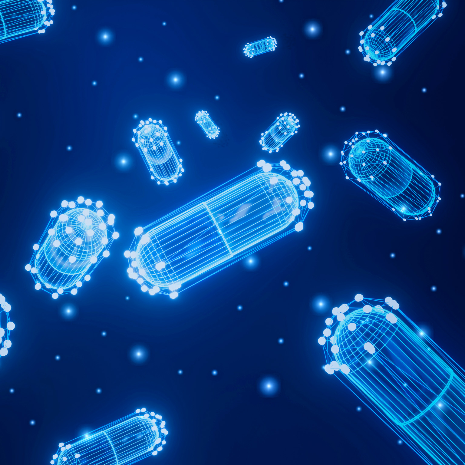 Abstract futuristic pills wireframe and capsule on glowing blue background