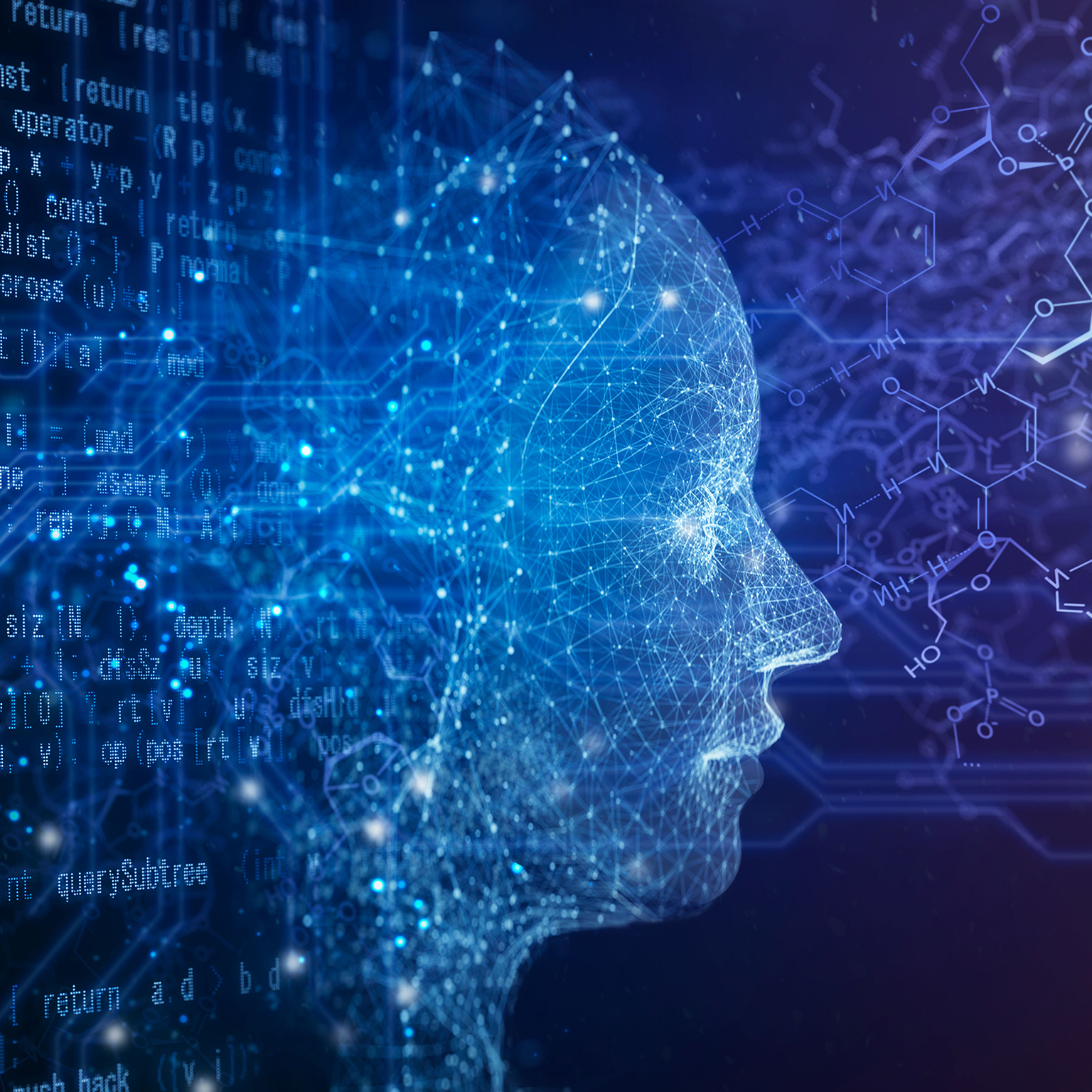 AI robot with circuit, chemical structure and program code on a black background.