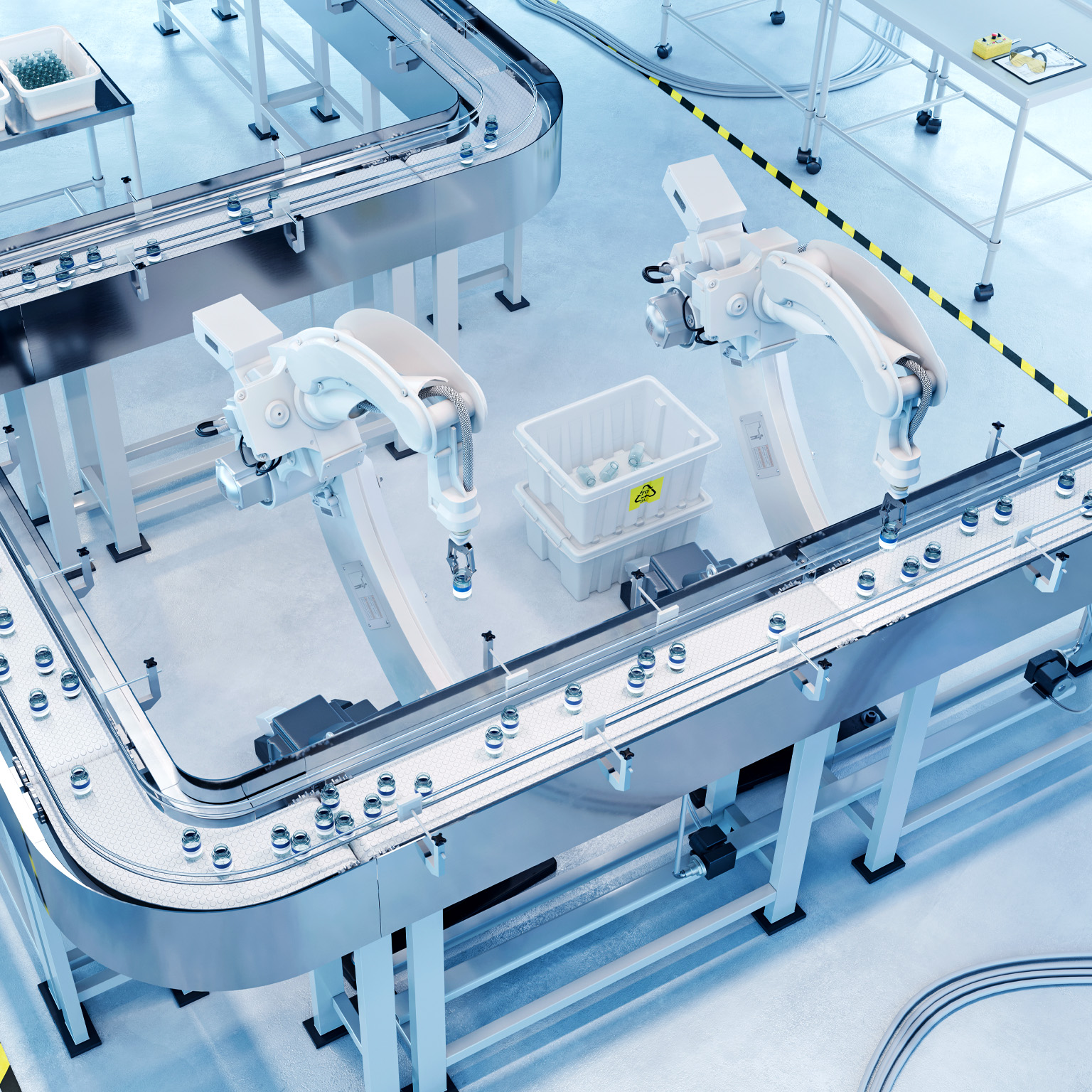 A clean, high-tech medical manufacturing line features robotic arms sorting small containers along a conveyor system in a sterile, light-blue industrial environment.
