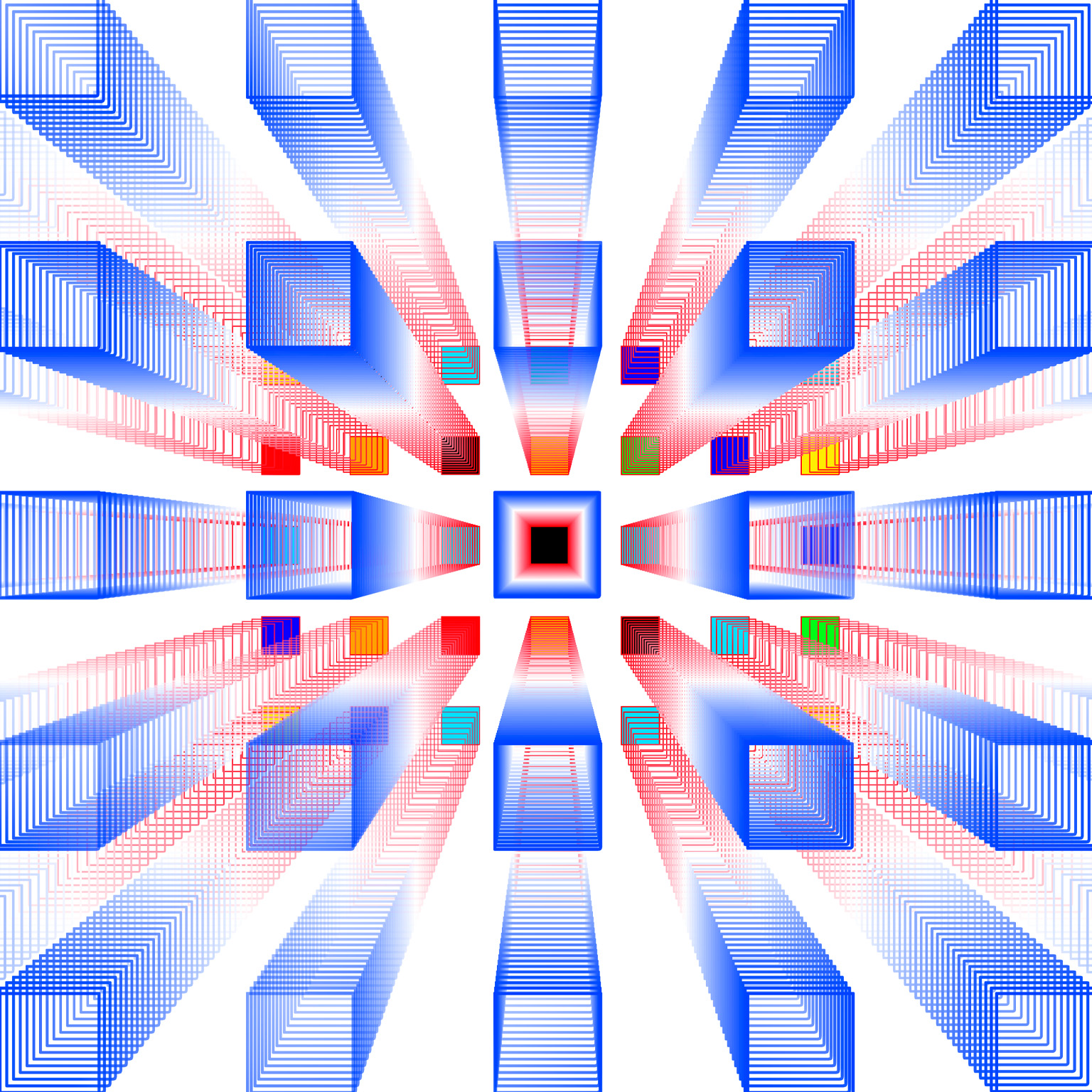 A multitude of transparent cubes with wireframe edges are arranged in a design that extends from the center of the image. The cubes, mostly in shades of blue and red, come together towards a dark square, creating a sense of organization within a vast number of cubes.