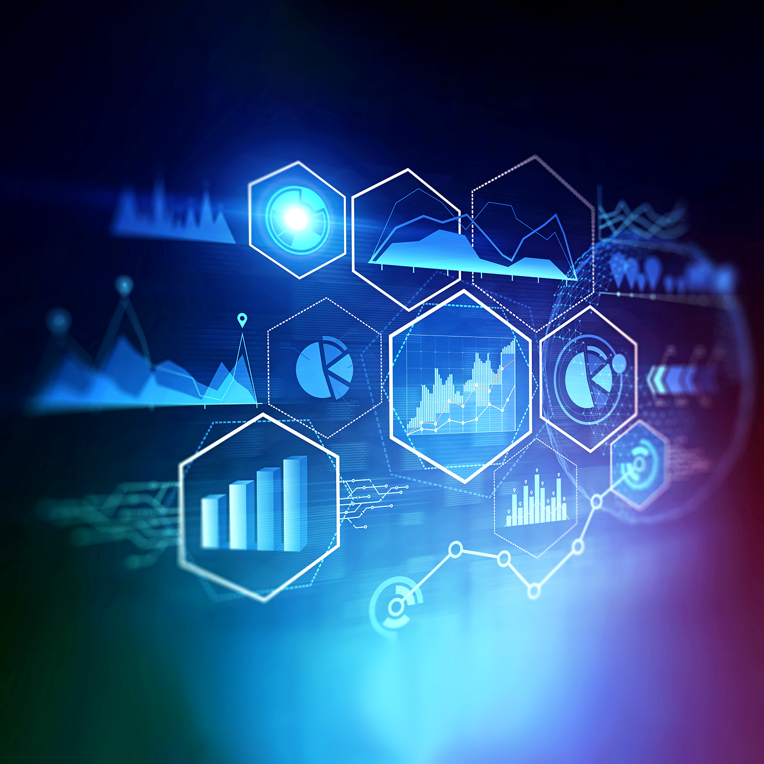 Futuristic image of a digital HUD interface with business infographics and data over a dark blue and purple background.