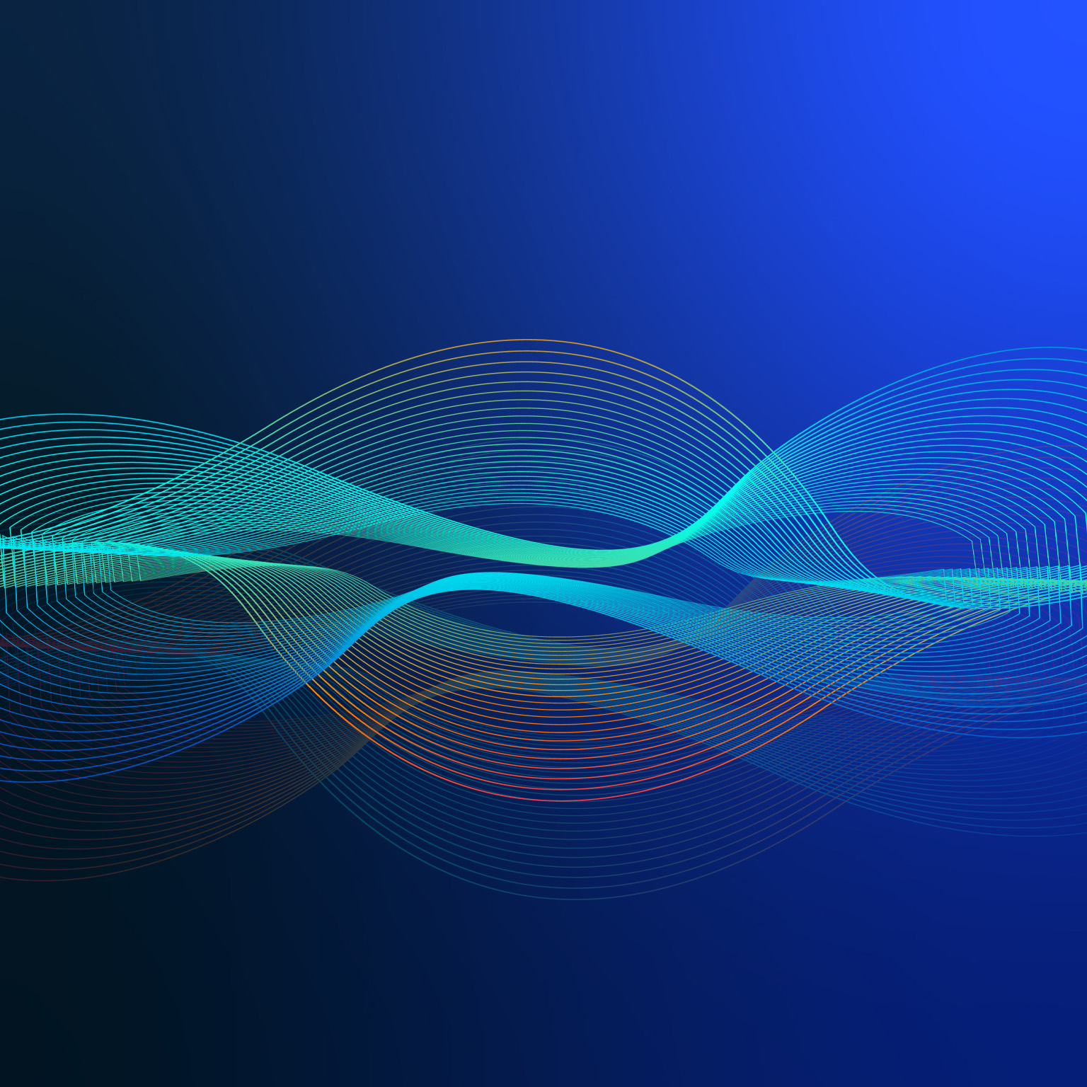 Undulating lines in shades of blue, green, and orange against a dark blue background.