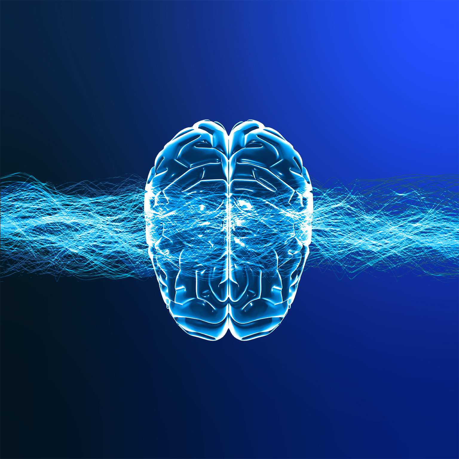 Image of the top view of a 3d modeled human brain with connection waves going through it.