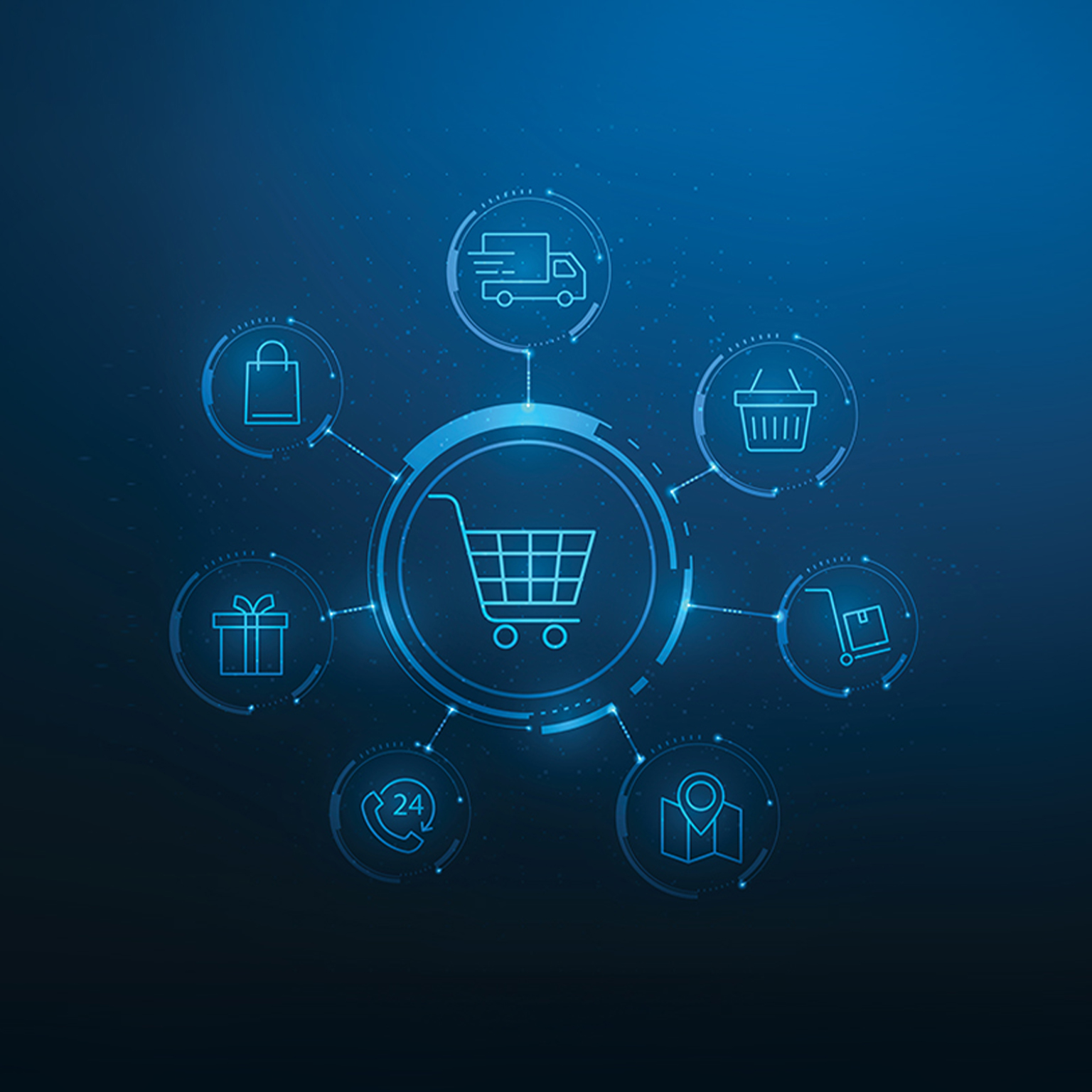 This image is a digital graphic representing a technology retail or e-commerce business concept. It features central icons for online shopping, shipping, and customer service on a blue technological background.