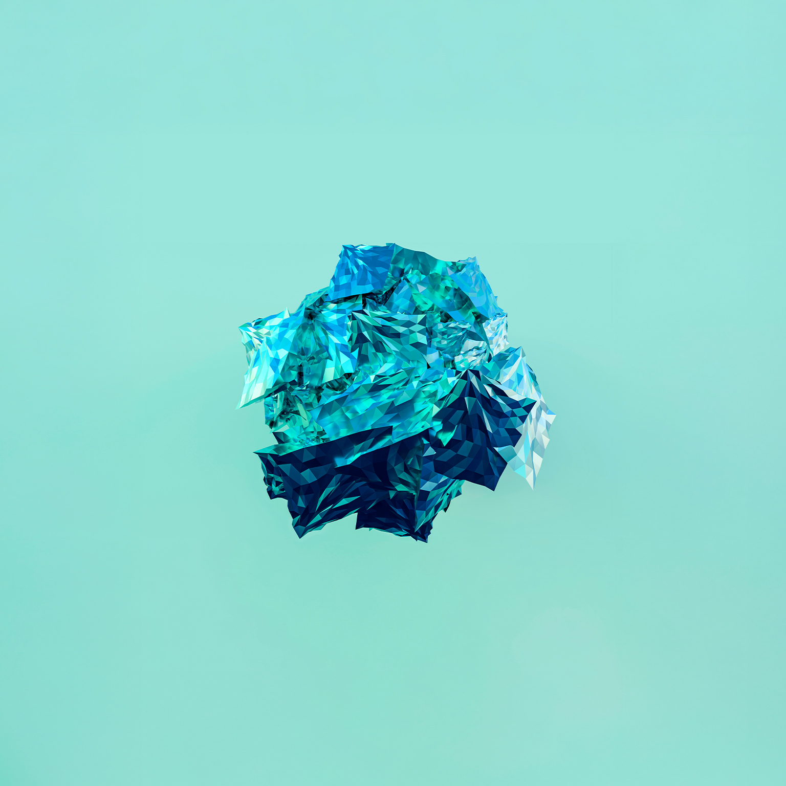 A floating abstract geometric crystal structure with jagged edges and blue green hues