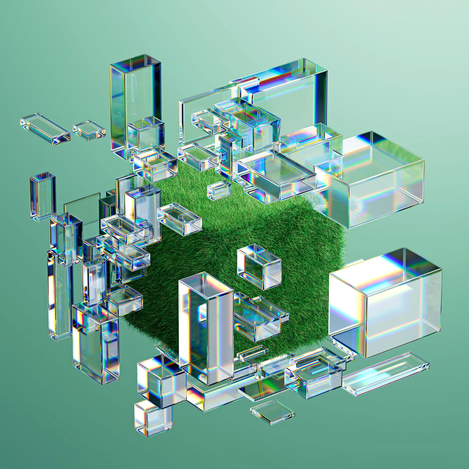 3D rendering of a cube covered in grass surrounded by glass prisms