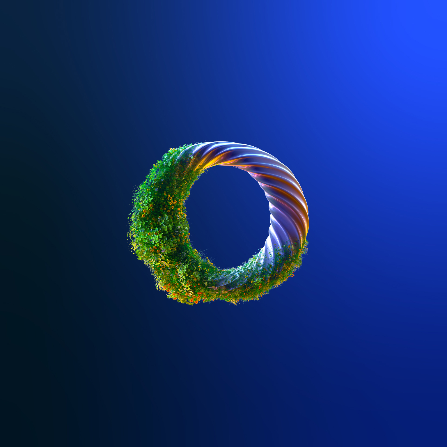 Digital generated image of abstract torus with growing plants on it against pink background.