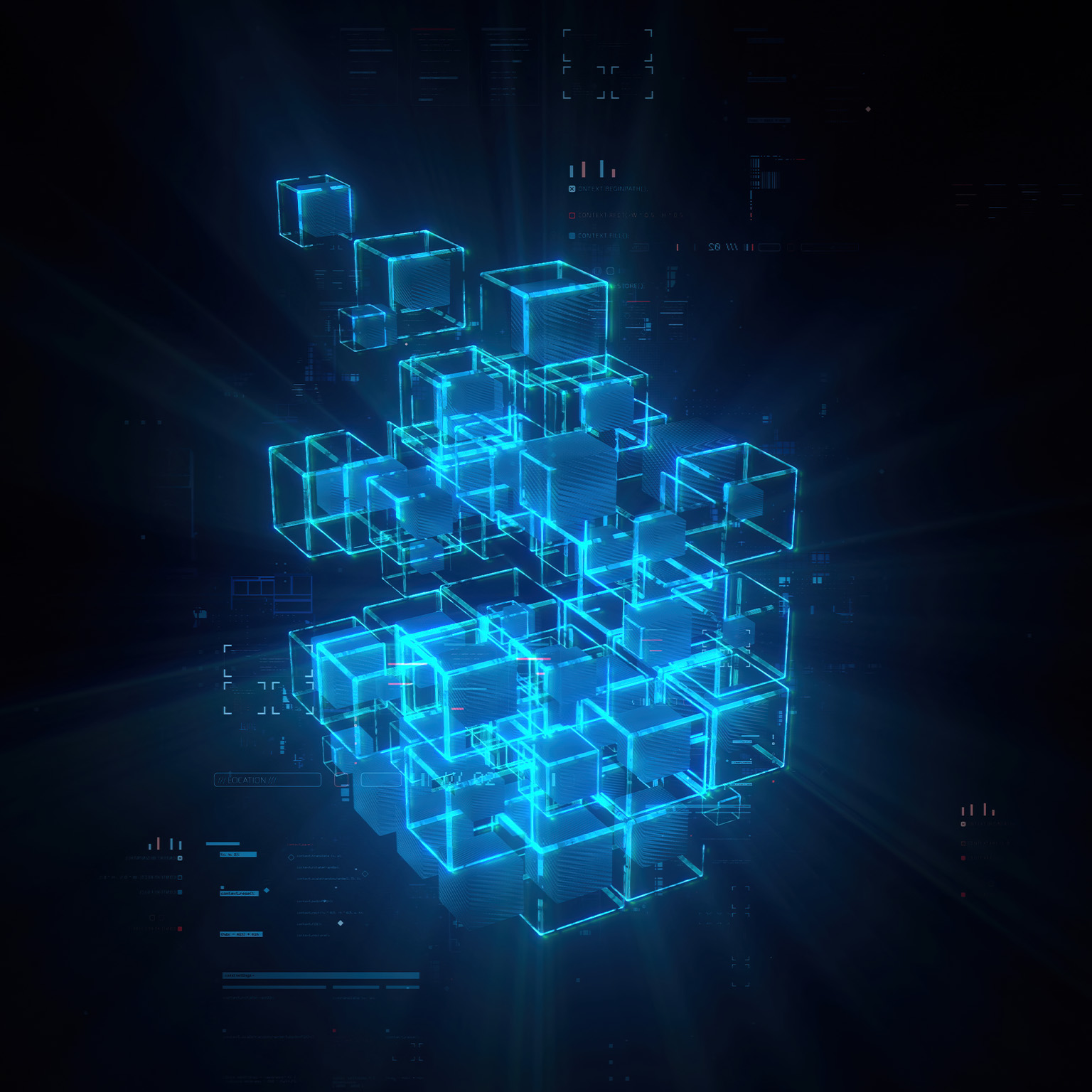 Futuristic glowing cubes formation in world of technological progress and innovation. CGI 3D render