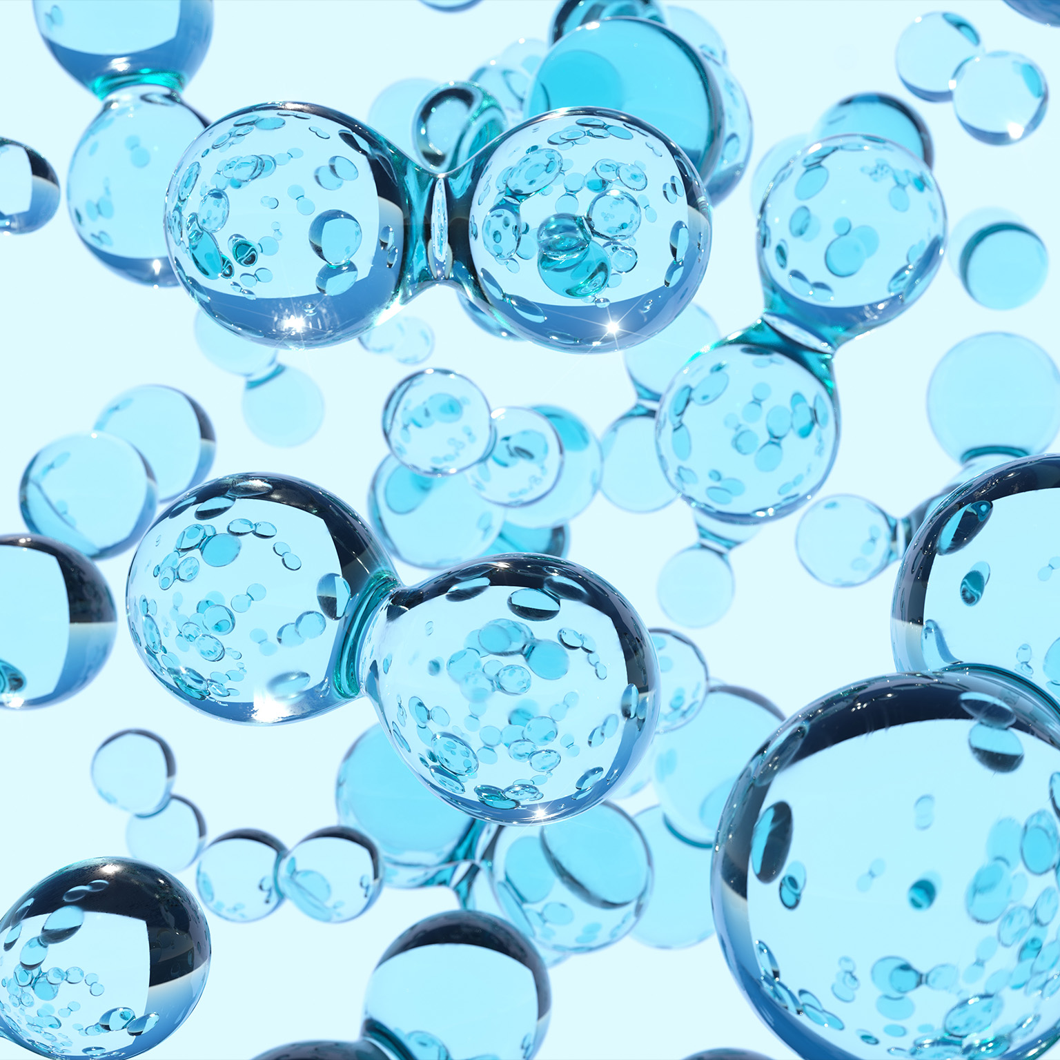 Digital generated image of transparent blue hydrogen atoms against white background.