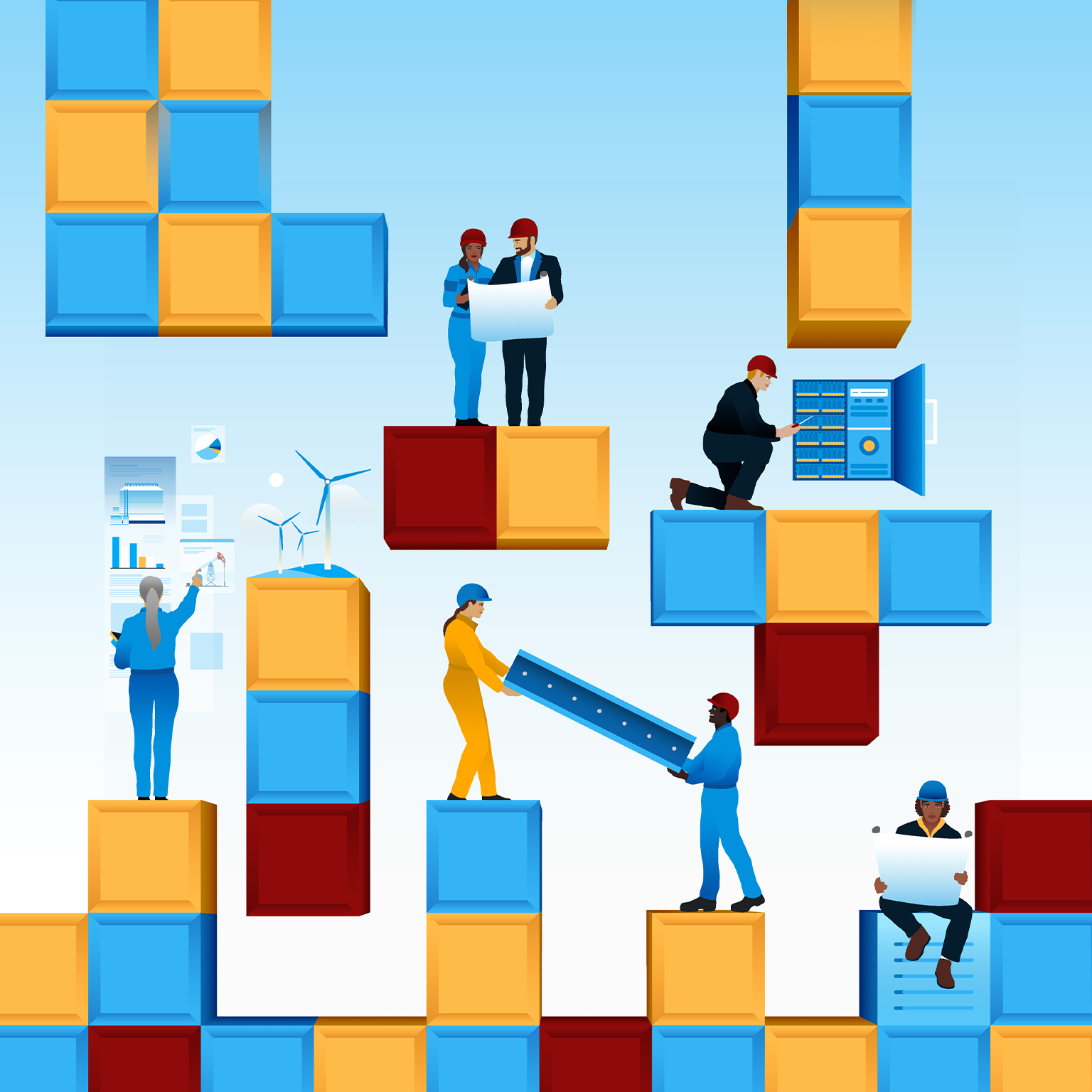 Illustration of people on video game style blocks building a new operating model.