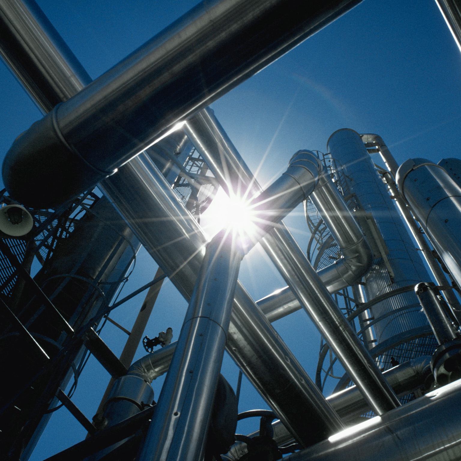 Upward facing shot of oil refinery