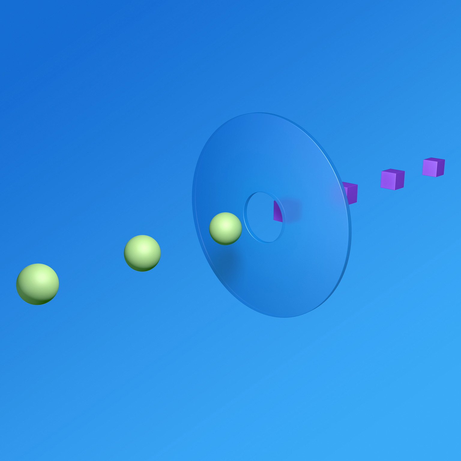 A 3D render of 3 spheres and 4 cubes meeting in the middle. A clear disc with a hole in the middle bridges the two sides.