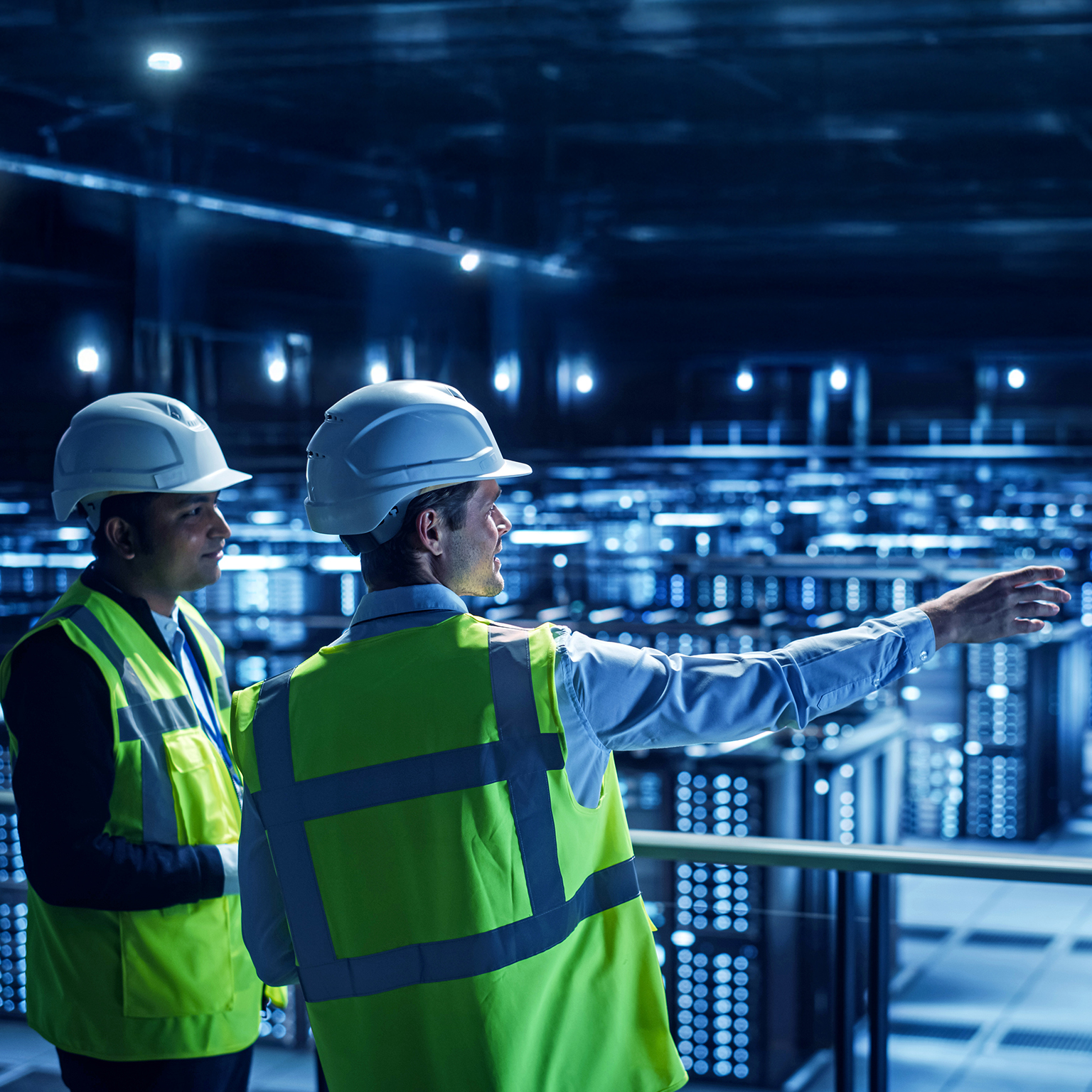 Two men in hard hats look out at a server farm in a data center