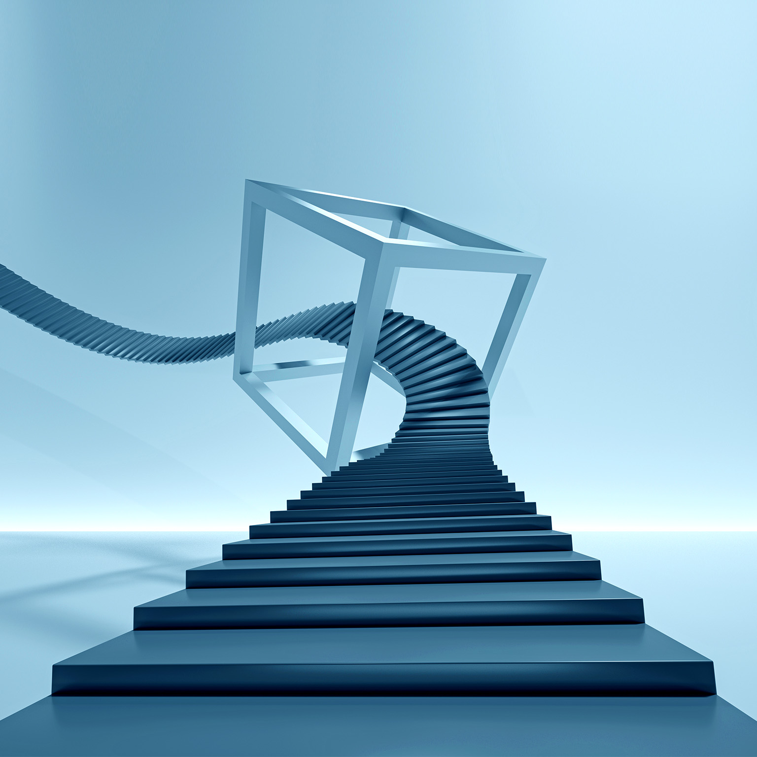 Abstract image of stairs twisting and spiraling through a cube