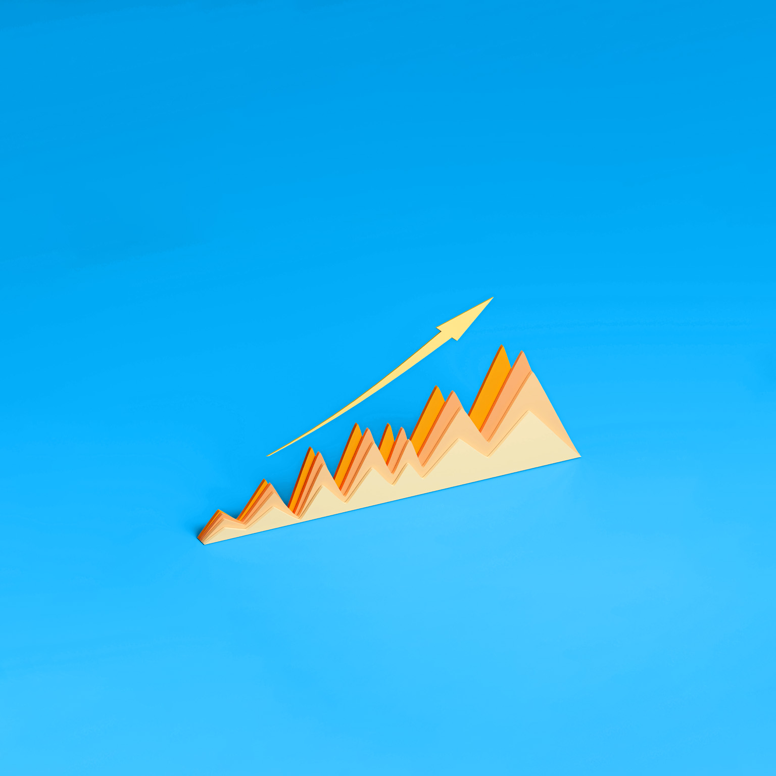 A three-dimensional graph made of paper displays a positive trend with its peaks and valleys. A gold arrow follows the upward trajectory of the graph against a vibrant blue background.