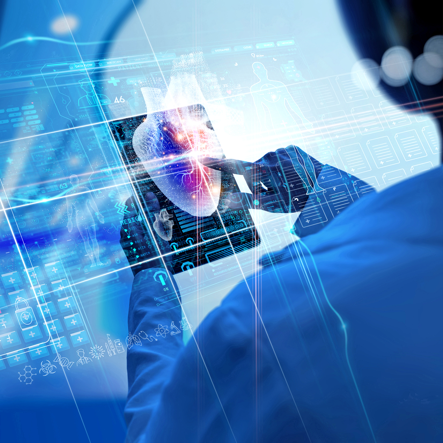 Cardiologist doctor check up report electronic medical record and examine heart function of patient on Digital tablet.