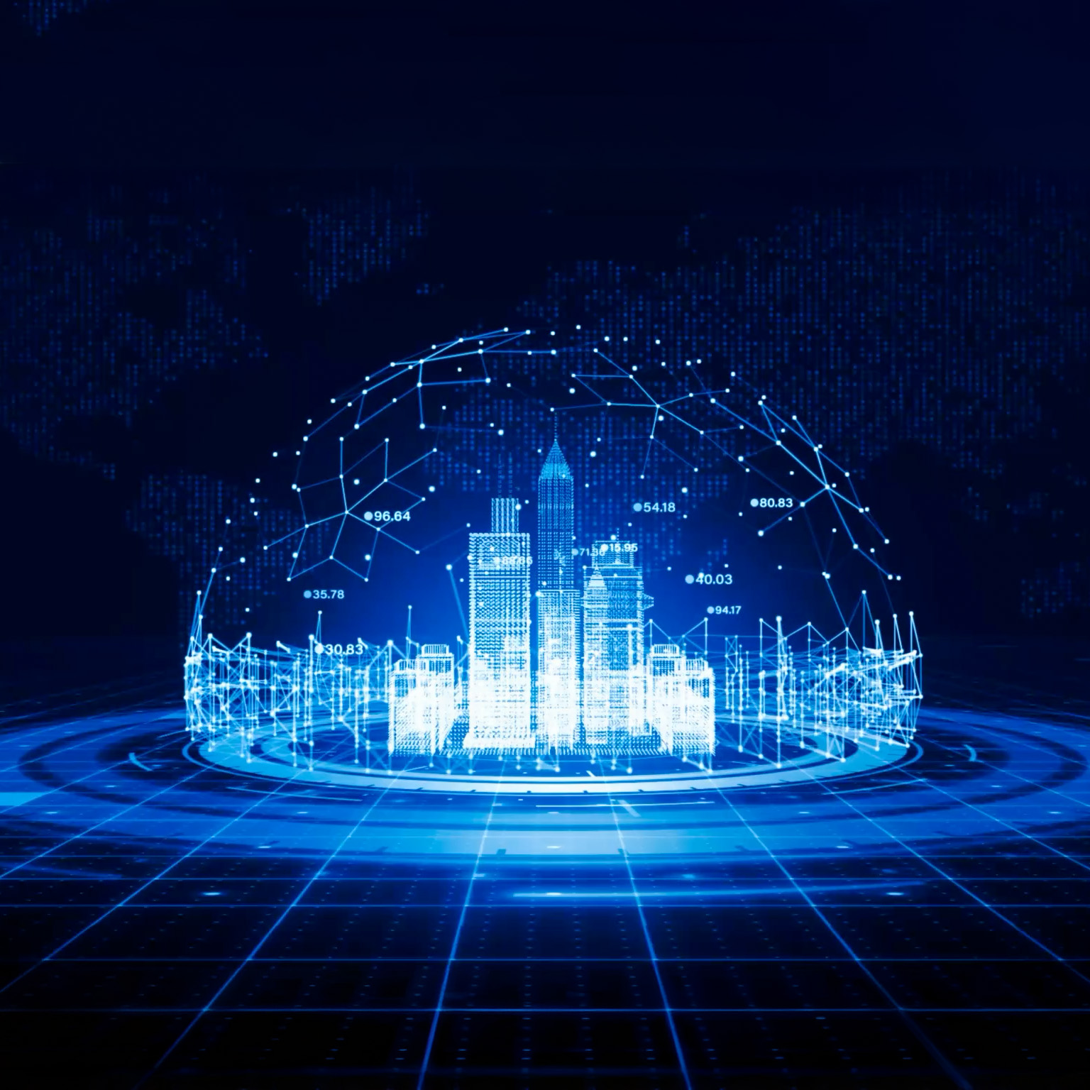 A glowing blue digital grid transforms into a futuristic city skyline, which then becomes enclosed within a dome-like network of luminous lines and data connections. A map of the world is subtly visible in the background.