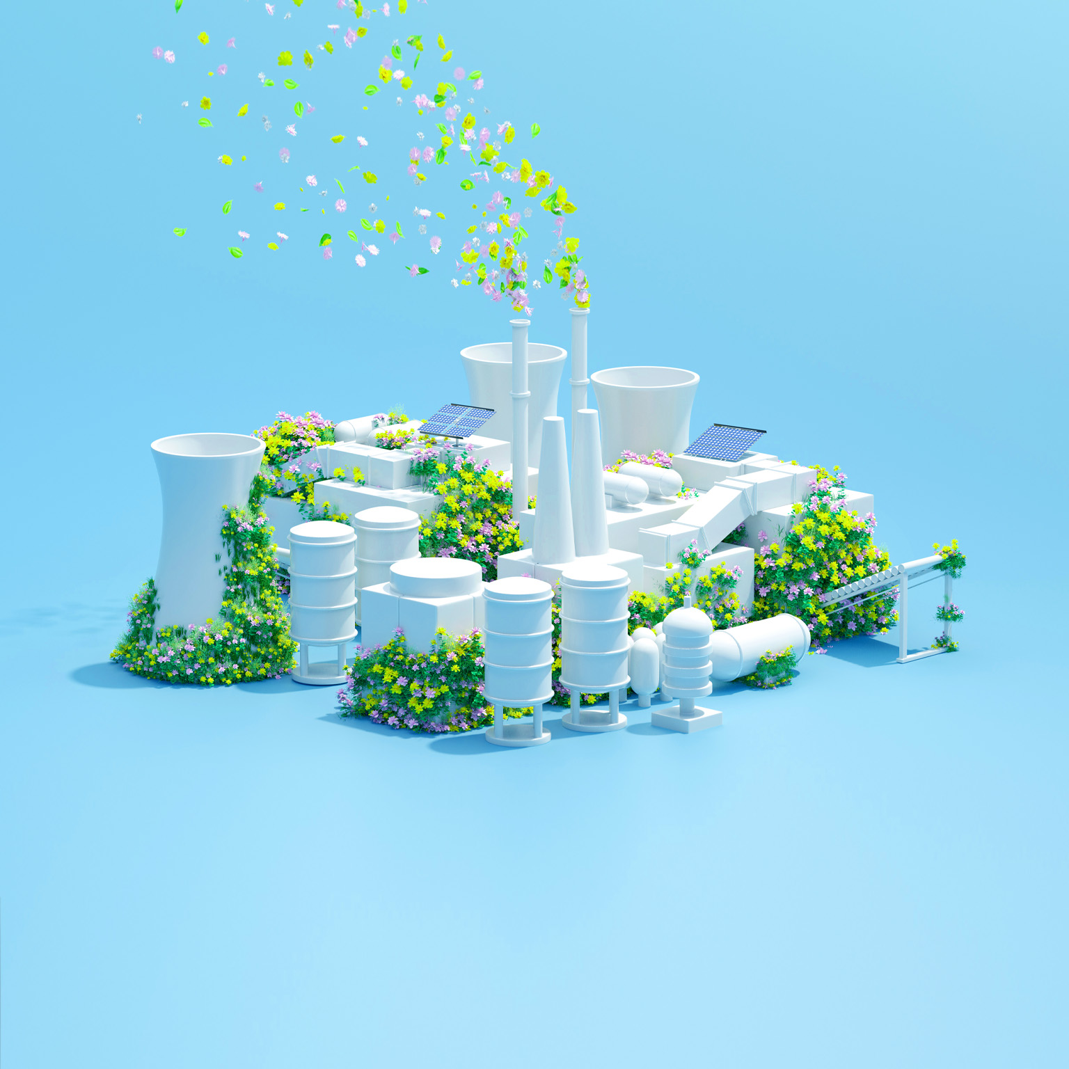 Digital generated image of sustainable power station with solar panels on roof and covered by flowers.