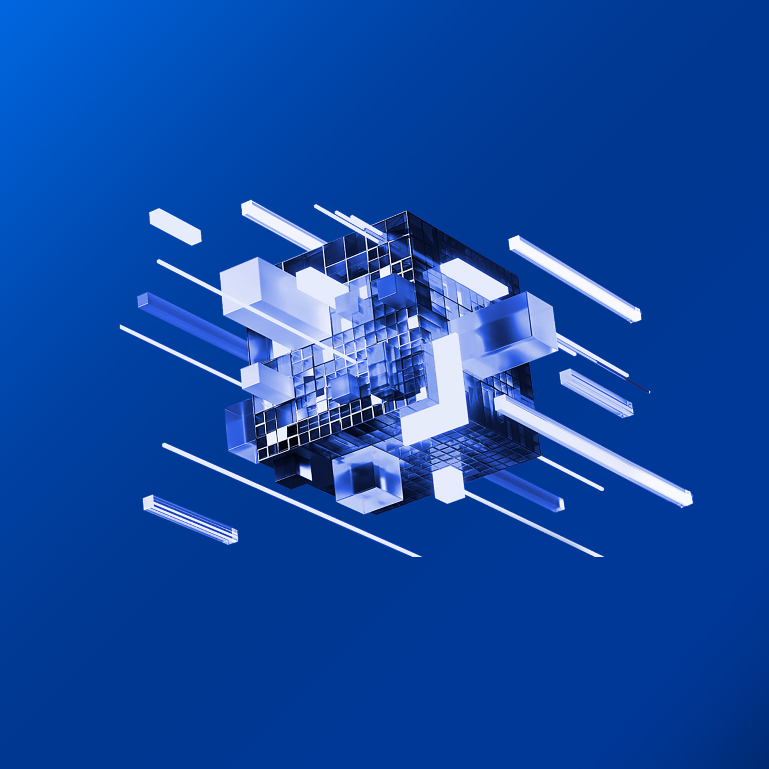 Image of digitally generated glass cubes connecting between each other.