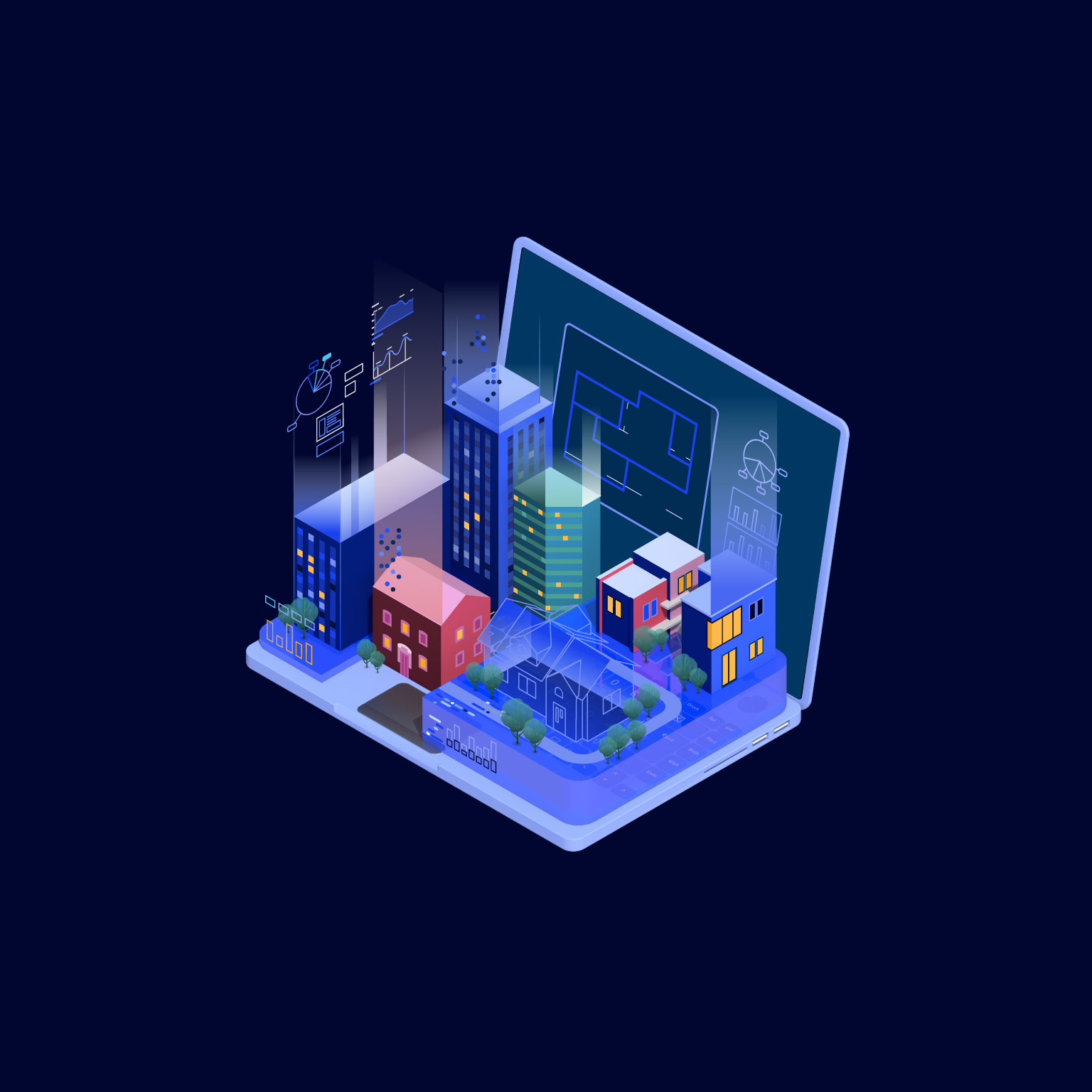 On the open laptop, where keys once resided, a virtual city is growing. Office buildings and residential structures harmoniously coexist, interconnected by a translucent web of digital elements—charts and data intricately woven into a dynamic ecosystem of new technologies.