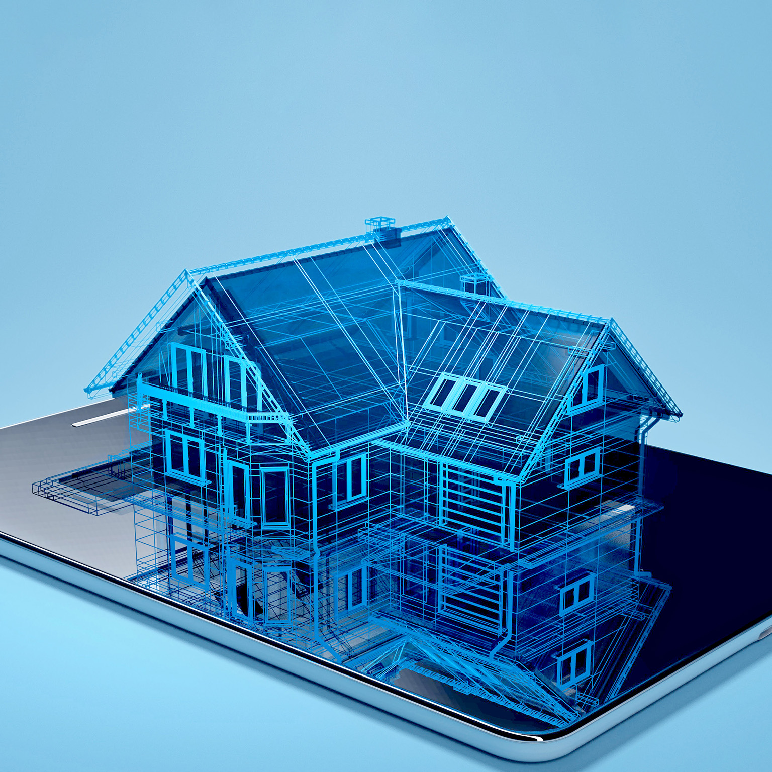 Blue digital wireframe of a house rising from a tablet screen.