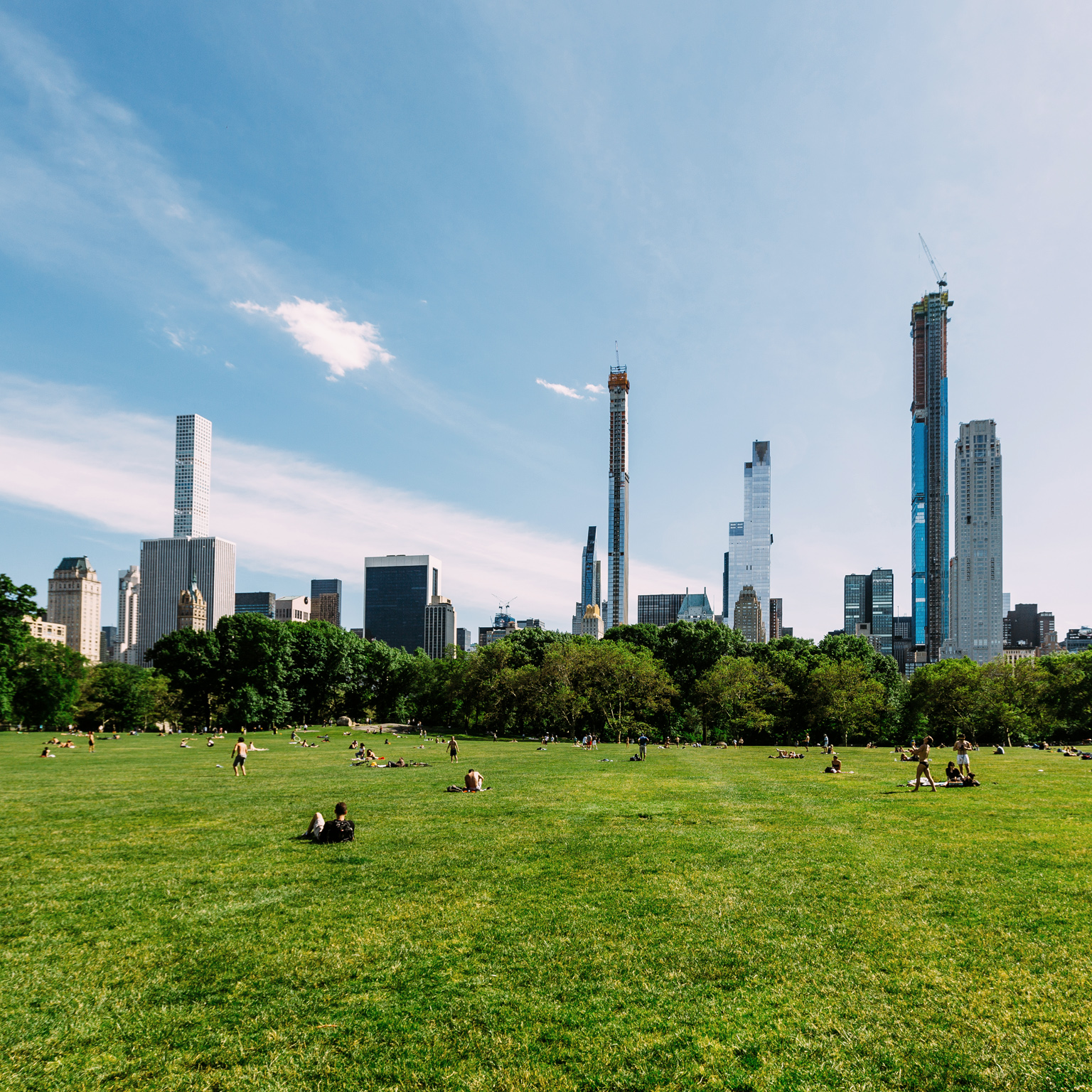 Green lawn at Central Park and Manhattan skyline