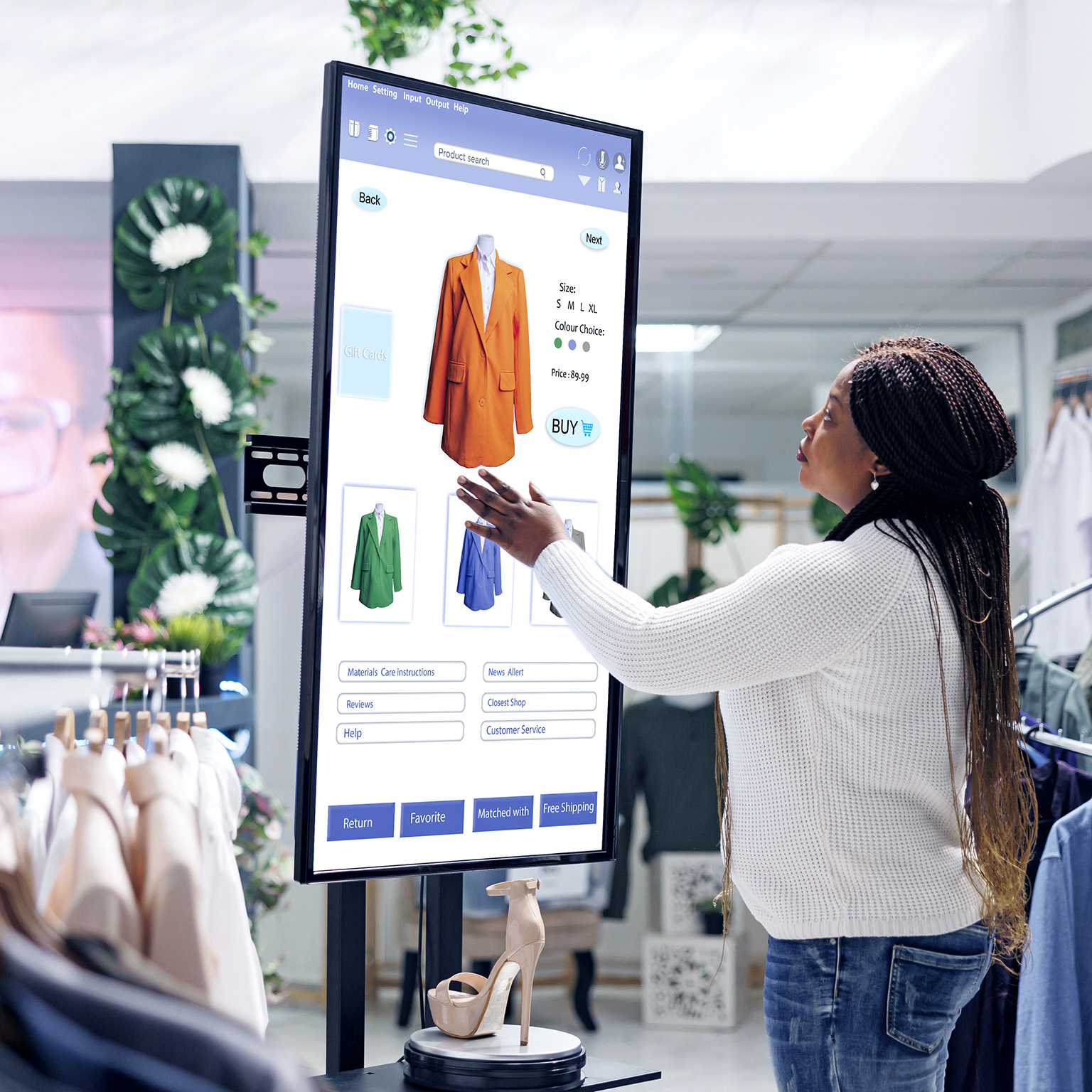 Image of a woman selecting clothes using an interactive touch screen monitor in a clothing store.