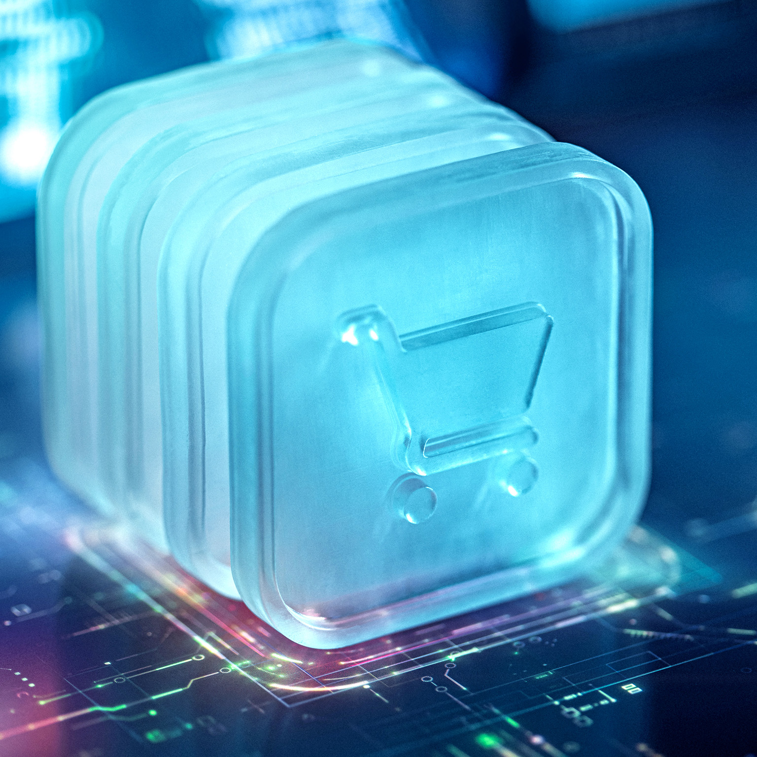 A digital shopping cart icon is illuminated in a futuristic blue light, symbolizing technology and e-commerce advancements