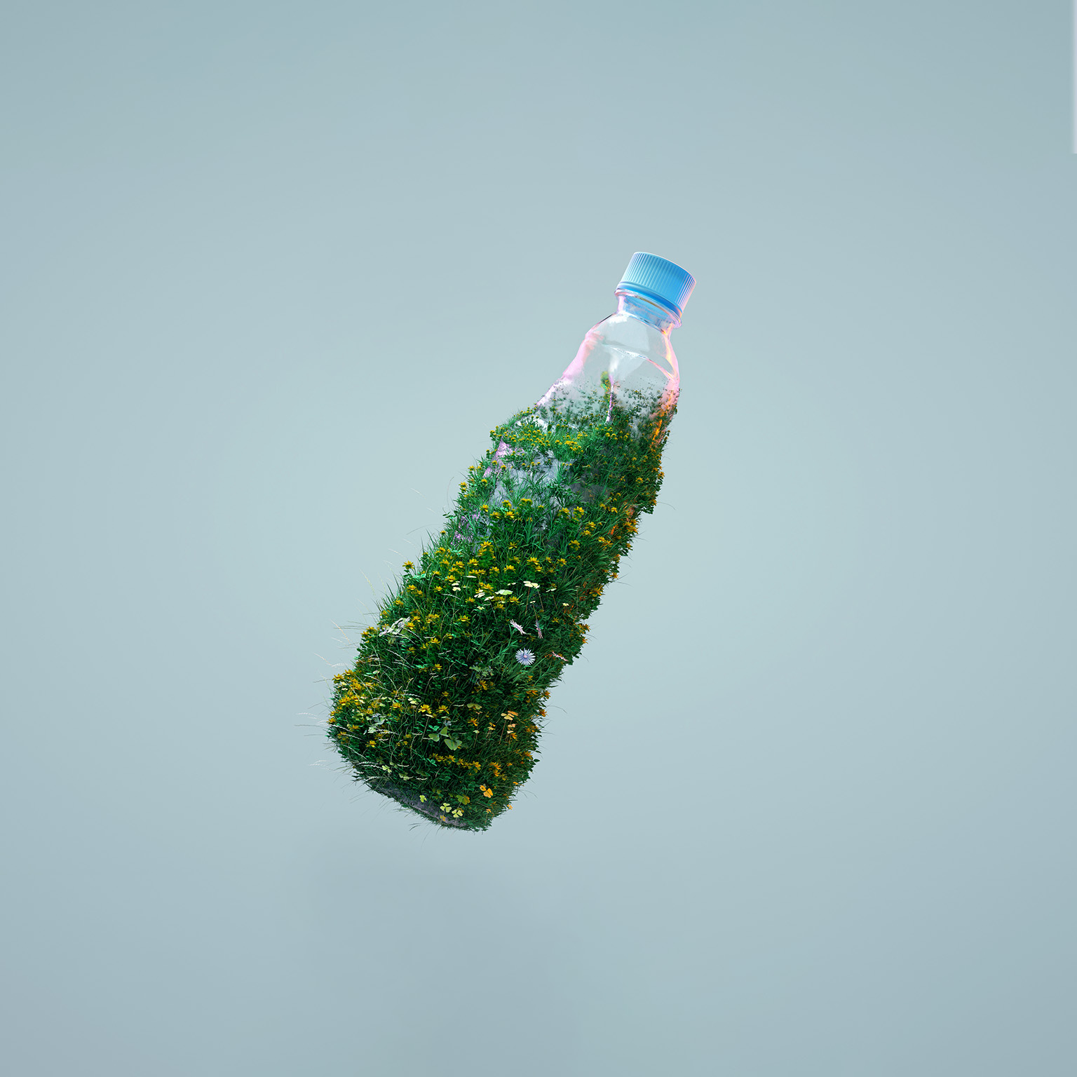 Digital generated image of grass and flowers growing on used plastic bottle against gray background.