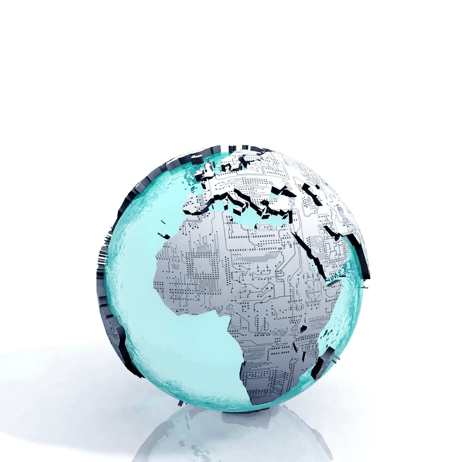 Continents embossed with computer motherboard print on a globe